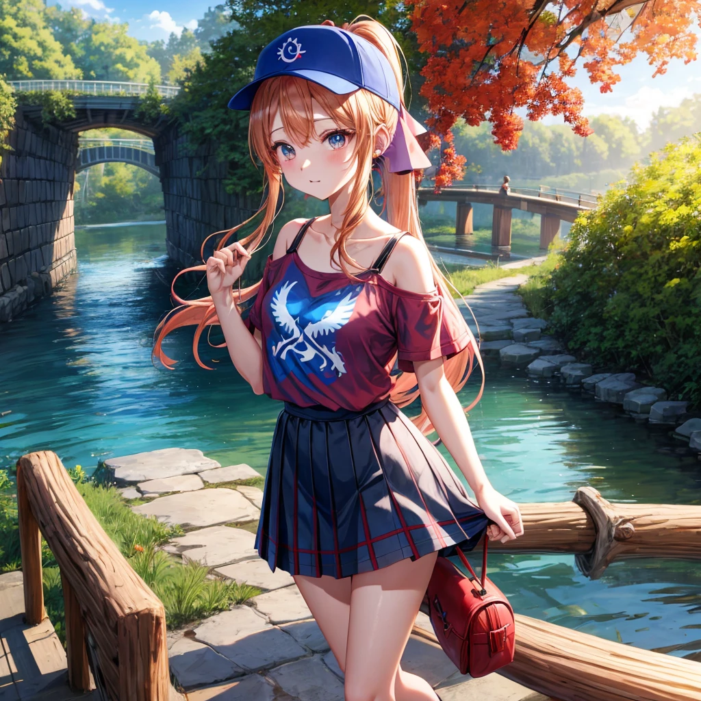 Red-blonde、blue hair、blue eyeraid、ponytail、one good looking girl、solo、anime、Plaid miniskirt、black t-shirt、camisole、forest、walking、Wearing a plaid baseball cap、Tilting your face、log bridge、Doing the ribbon、sunset sky、wearing headphones、stone bridge、stone stairs、petal、A small bird  flying、big tree、tunnel、squirt