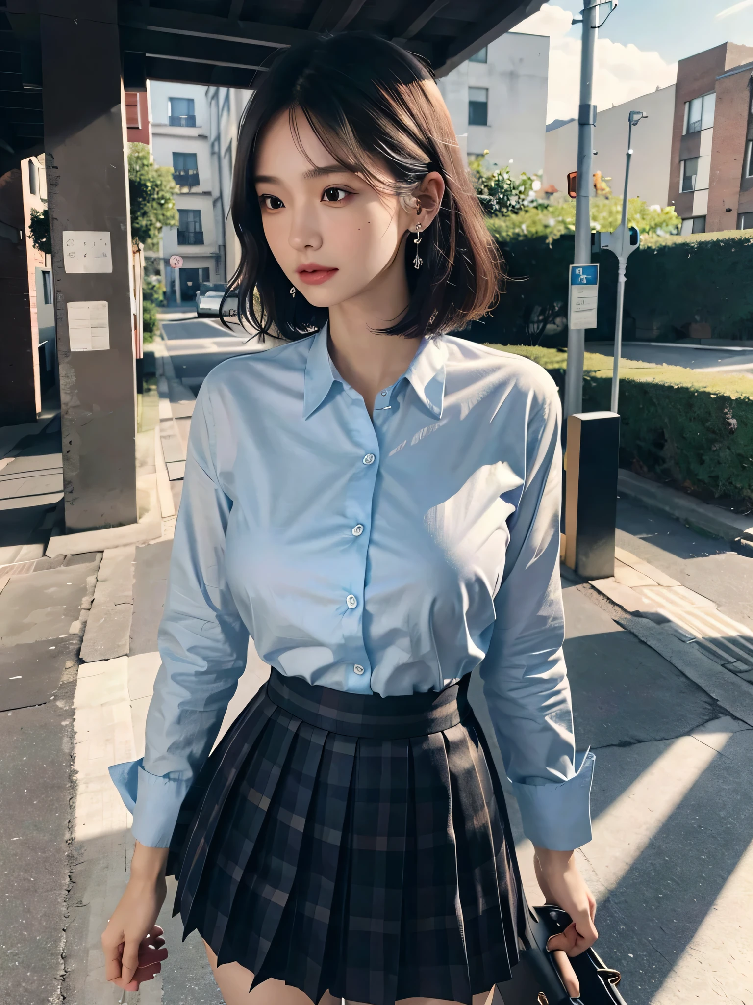 disorganized, RAW photo, very delicate and beautiful, masterpiece, highest quality, ultra high resolution, 16k, surreal, super detailed, perfect anatomy, super dense skin, perfect figure, Highly detailed CG 8k wallpaper, 20's, very slim body, tight waist, very small head, very small face, delicate features, tearful mole, earrings, thin legs, (very huge round breasts), girl, full body shot, short hair, wavy hair, ((school uniform)), plaid pleated skirt, Light Blue Dress Shirt,