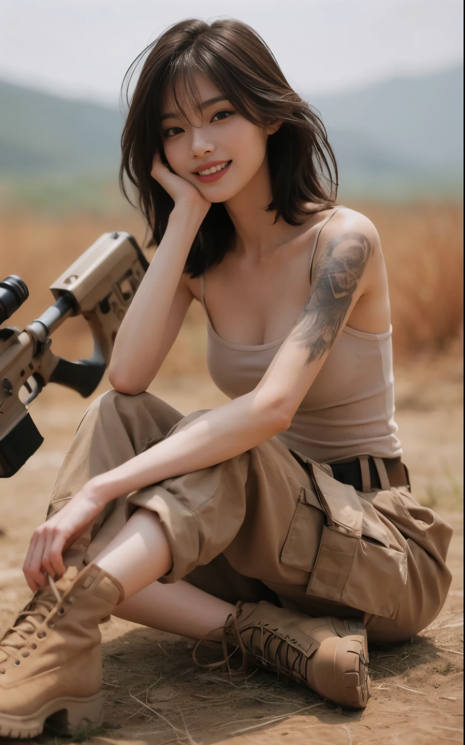 photorealistic、realistic skin texture、automatic rifle、tattoo