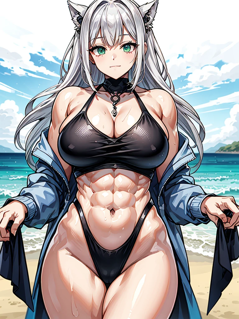 （（（masterpiece、Highest image quality、highest quality、highly detailed unity 8ｋwallpaper）））、（（Illustration of one girl））、（（（beautiful girl）））、（（white hair、Very Longhair、Light green eyes、Eyes without highlights、crazy smile））、（（（stocky build, thickset physique, muscular legs, broad shoulders, solid chest）））、swimsuit、sandy beach