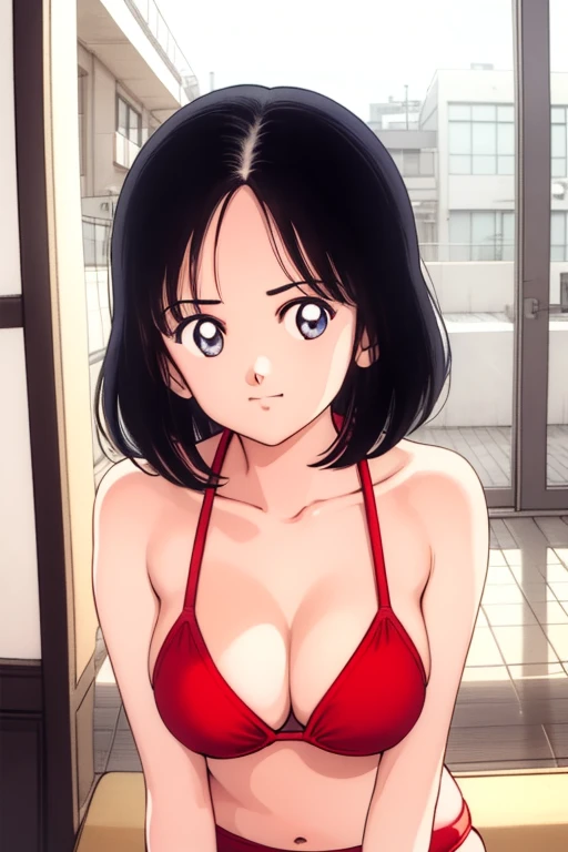 1girl, hikari, black hair, short hair, looking at viewer, medium breast, cleavage, (red micro bikini), (best quality, masterpiece:1.3)