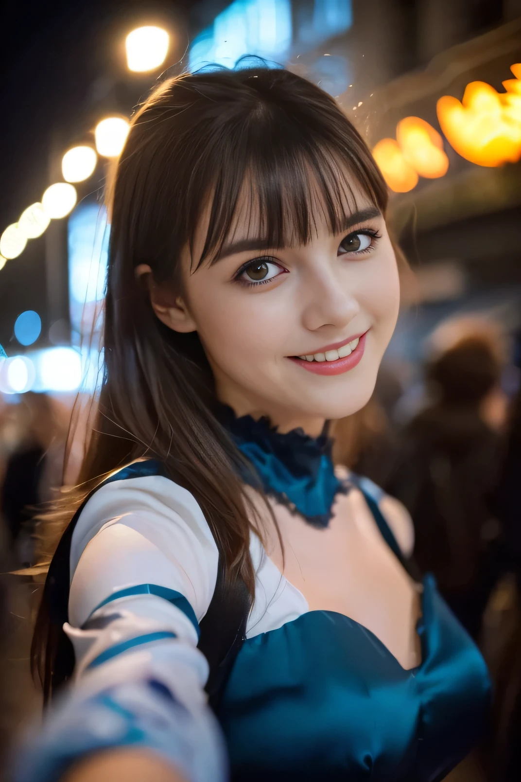 (Selfie, plan: 1.4), (Right half of the body: 1.4), RAW UHD portrait photo of a 24-year-old woman (Femme aux yeux bleuarcher dans une ruelle sombre, Halloween Costume, Ville la nuit, (rocher), (encolure), specifics (tissu! , cheveux! , briller, couleur!! , disadvantages: 1.1), Bright eyes with a high level of detail (staring into the camera), SLR lighting, Appareil photo reflex mono-objectif, ultra quality, re sharpness, profondeur de champ, Filmkorn (milieu), Fujifilm XT3, Limpide, Rahmenmitte, beau visage, mise au point nette, street lamp, Neonbeleuchtung, Bokeh (dimly lit), Nuit, (Ciel nocturne), detailed skin pores, peau grasse, coup de soleil, intricate eye details, corps entier entier, gros seins, souriante, flirts with the camera, Dressed in a halloween costume, photo Halloween, maquillage halloween, sourire