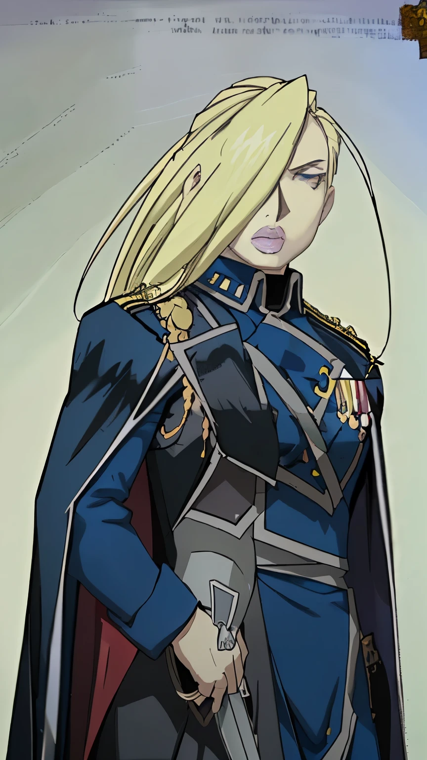 a woman in a blue dress with a sword and cape, inspired by Li Chevalier, emma frost, portrait of emma frost, style of charlie bowater, valentina remenar, queen of ice and storm, inspired by Louisa Matthíasdóttir, charlie bowater art style, charlie bowater character art, in style of charlie bowater, black canary，Olivier Mira Armstrong，金色长头发，钢之炼金术师，女少将，军服，军刀，女硬汉，军大衣，女军人，金色长发女军人，女军人，金发女魔头，大姐姐
