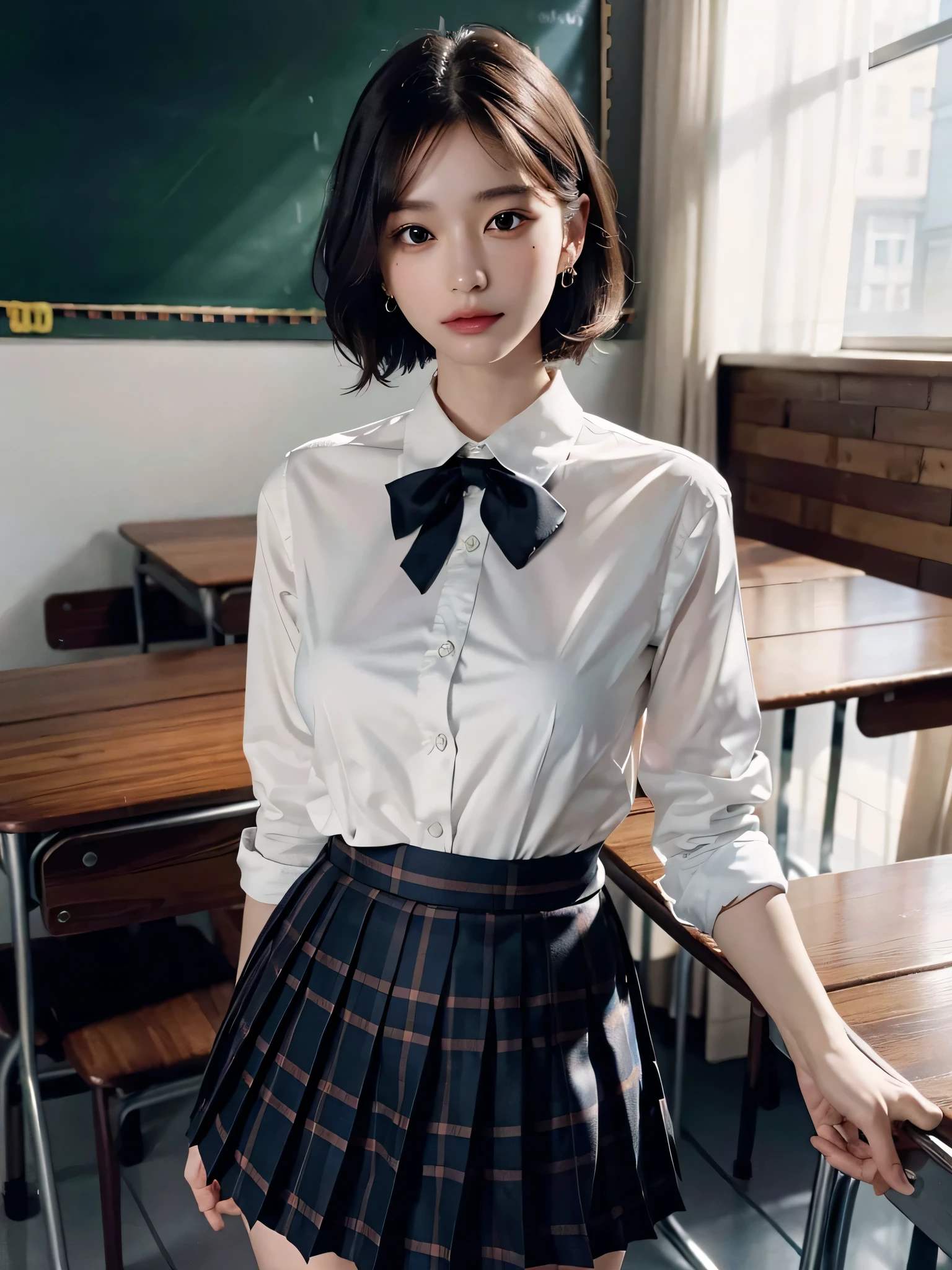 disorganized, RAW photo, very delicate and beautiful, masterpiece, highest quality, ultra high resolution, 16k, surreal, super detailed, perfect anatomy, super dense skin, perfect figure, Highly detailed CG 8k wallpaper, 20's, very slim body, tight waist, very small head, very small face, delicate features, tearful mole, earrings, thin legs, (very huge round breasts), girl, (full body shot), short hair, wavy hair, ((school uniform)), plaid pleated skirt, light blue button down shirt,