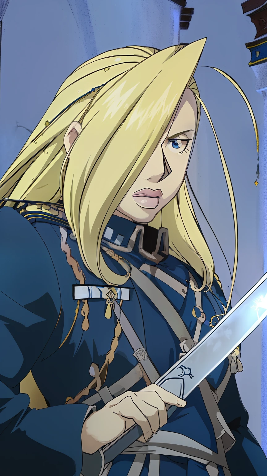 a close up of a woman in a blue outfit holding a sword, inspired by Li Chevalier, artoria pendragon, jaina proudmoore, highly detailed exquisite fanart, anime style like faay night, fanart, digital anime illustration, official fanart, neoartcore and charlie bowater, detailed fanart, valentina remenar, high quality fanart,Olivier Mira Armstrong,金色长头发,钢之炼金术师,女少将,军服,军刀,女硬汉,军大衣,女军人,金色长发女军人,女军人,金发女魔头,大姐姐