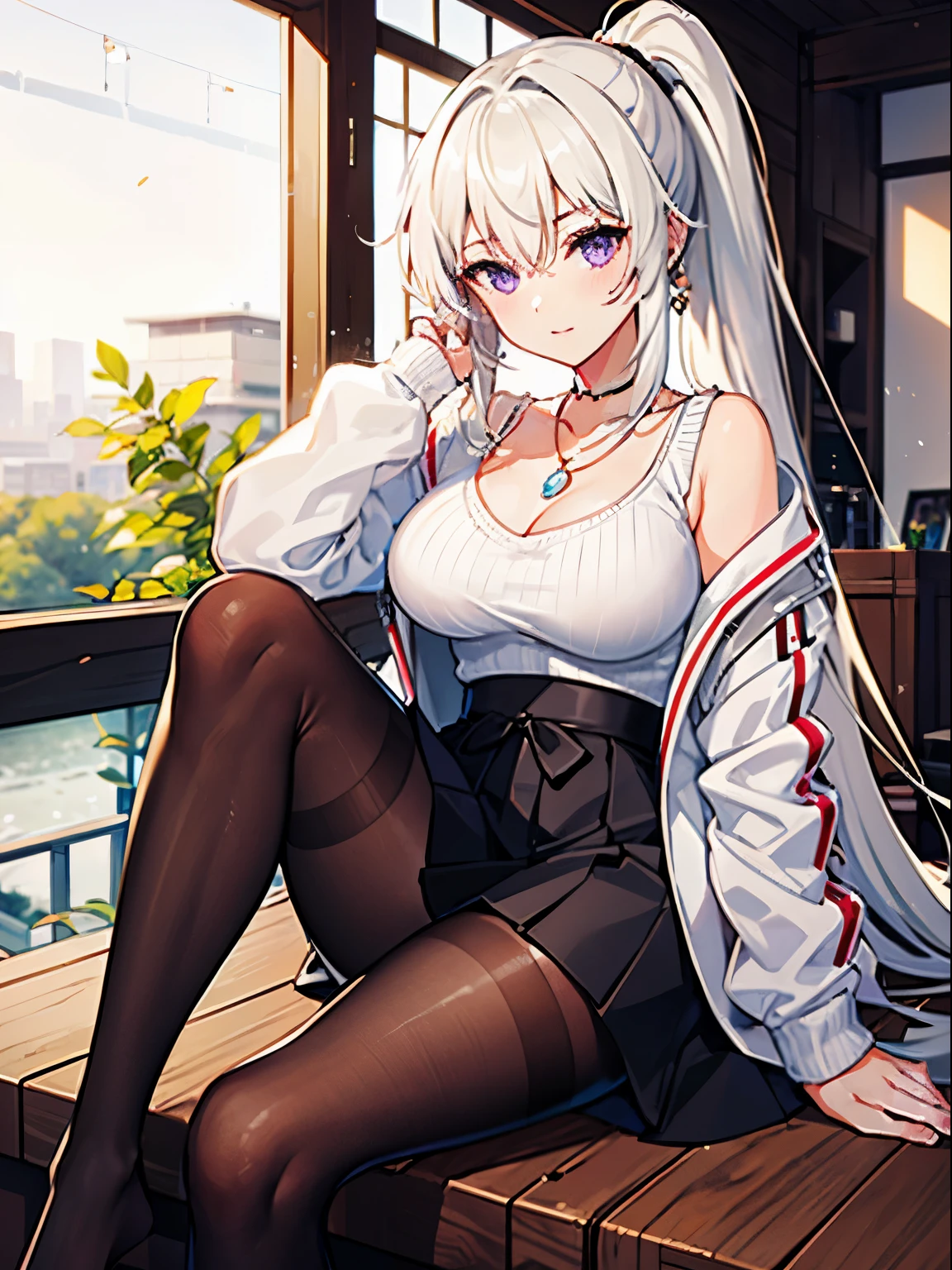 (((Best quality))), 1girl, white hair, long ponytail, sweater, white jacket, large breasts, purple eyes, long hair, defaultskin, skirt, pantyhose, Japanese, necklace, sitting