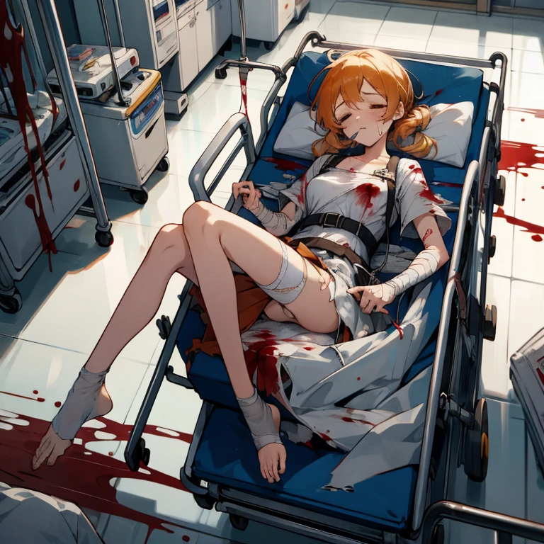 emergency transport,stretcher,intravenous drip, doctors,running,sleeping,lying on back,hospital hallway,(((bloody, blood on dress,torn dress, carrying))),bandages on face,emphasis lines,multiple boys BREAK 1 girl, mami tomoe, (torn clothes, torn skirt, white panties, big breast:1.3)