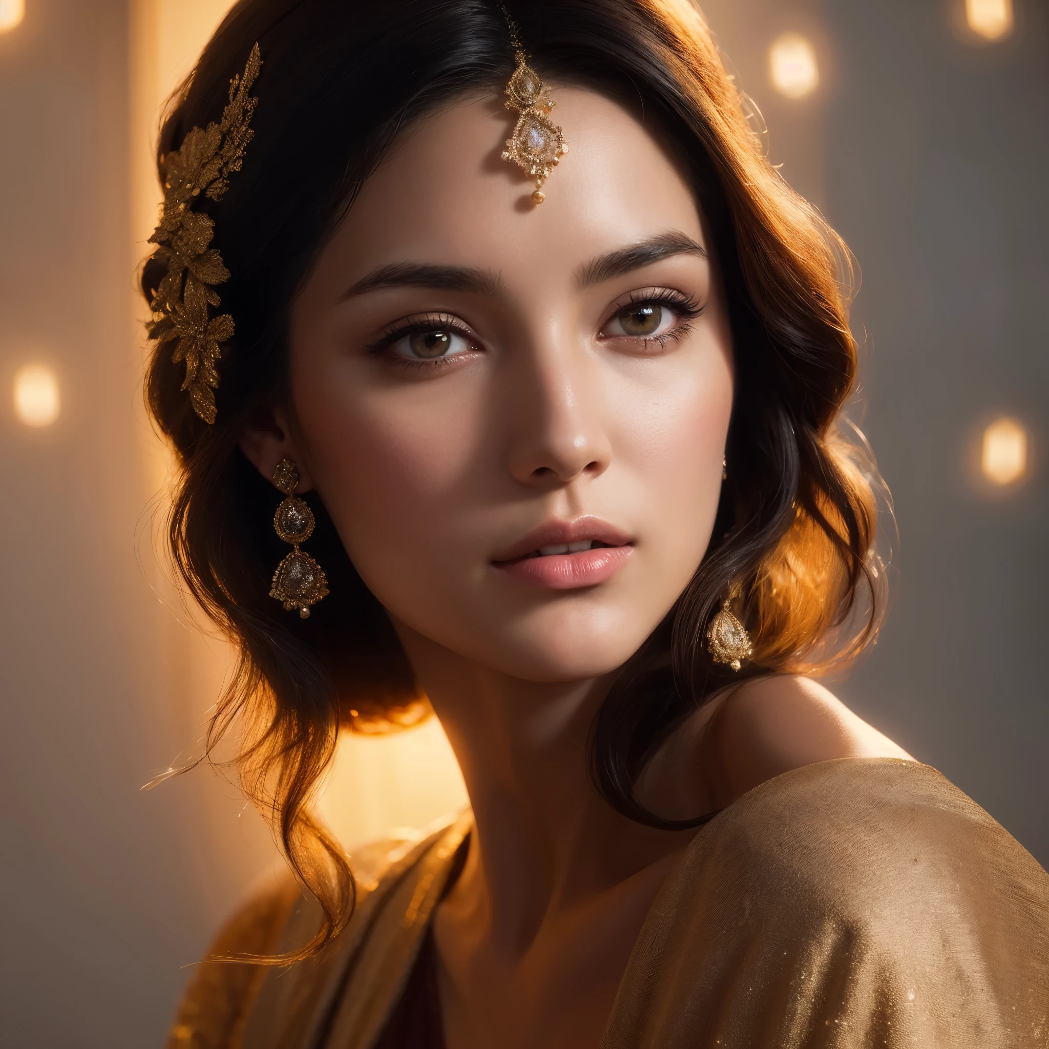arafed woman with a gold headpiece and earrings in front of a wall, ultra realistic digital painting, elegant photorealistic, mandy jurgens 8 k 1 5 0 mpx, render of mirabel madrigal, ultrarealistic digital art, unreal engine render + a goddess, makeup. unreal engine, realistic digital painting, photorealistic beautiful face, photorealistic digital arts