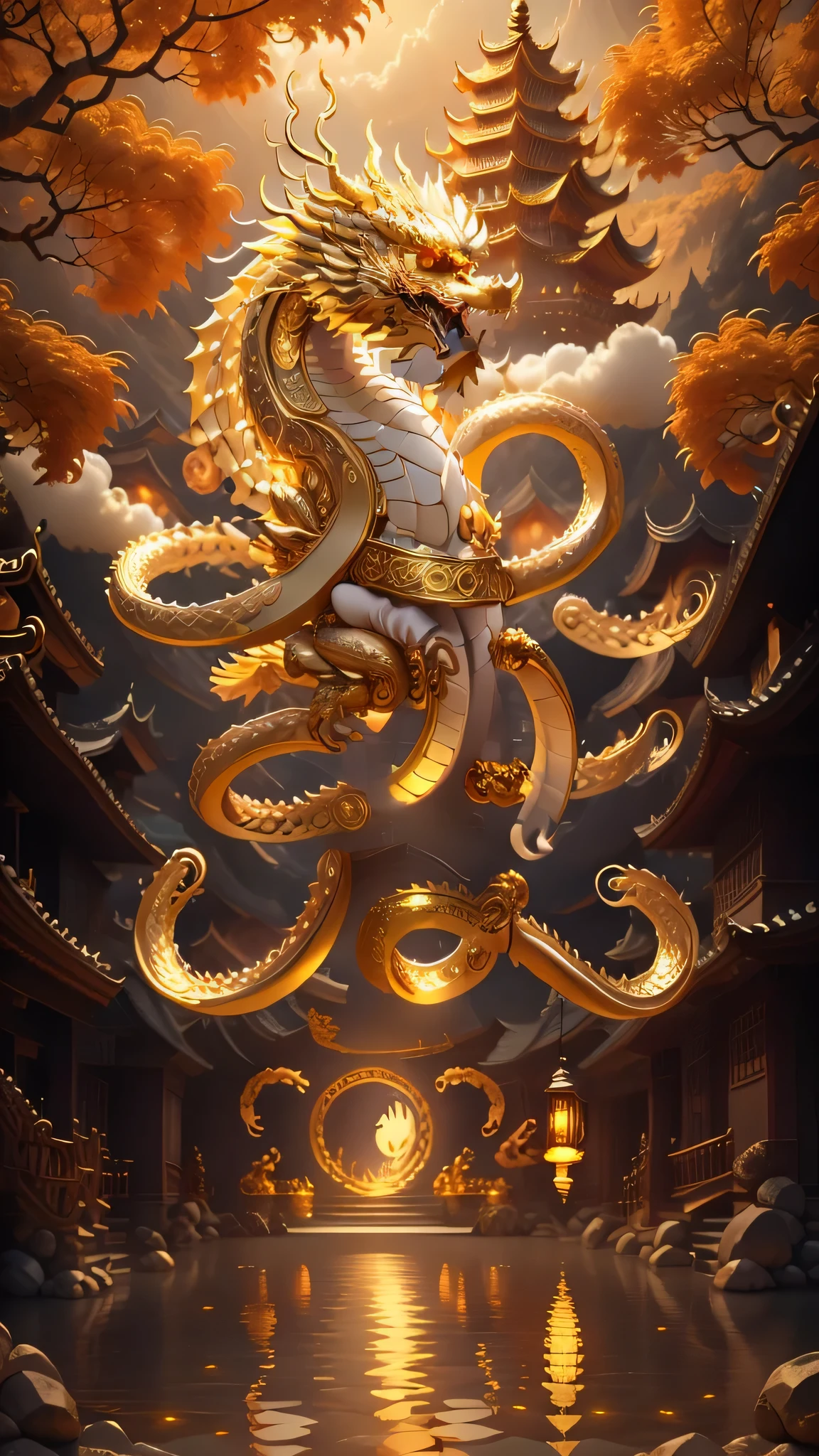 a Kaneko chinese dragon,architecture学, east asian architecture学, landscape, lantern, pagoda, outdoor, sky空,Kaneko,lantern, cloud, bird, architecture, Tree, permanent, Mountain, bridge, Keep, multiple girls, 6+boys, sky, masterpiece, best quality,