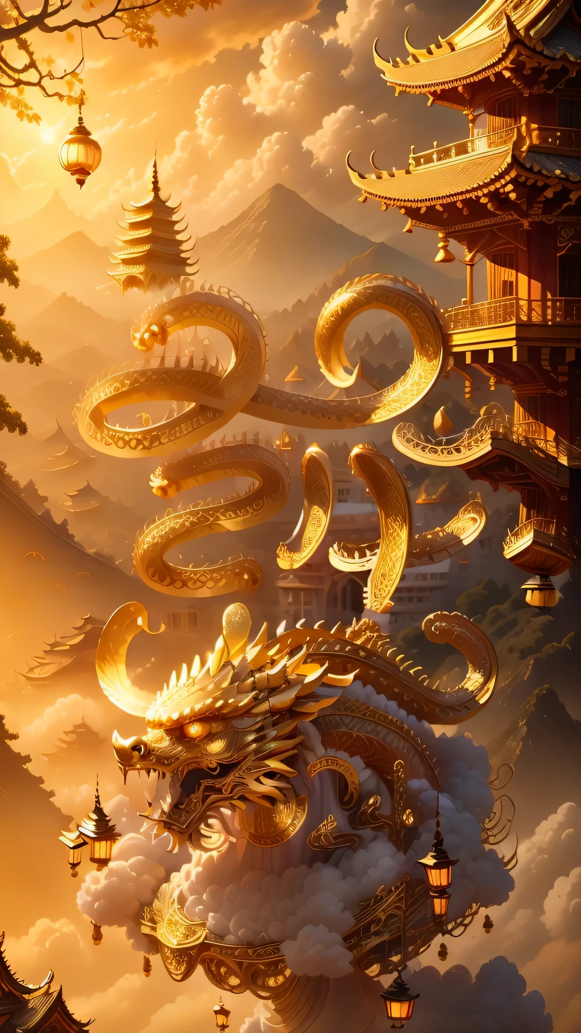 a Kaneko chinese dragon,architecture学, east asian architecture学, landscape, lantern, pagoda, outdoor, sky空,Kaneko,lantern, cloud, bird, architecture, Tree, permanent, Mountain, bridge, Keep, multiple girls, 6+boys, sky, masterpiece, best quality,