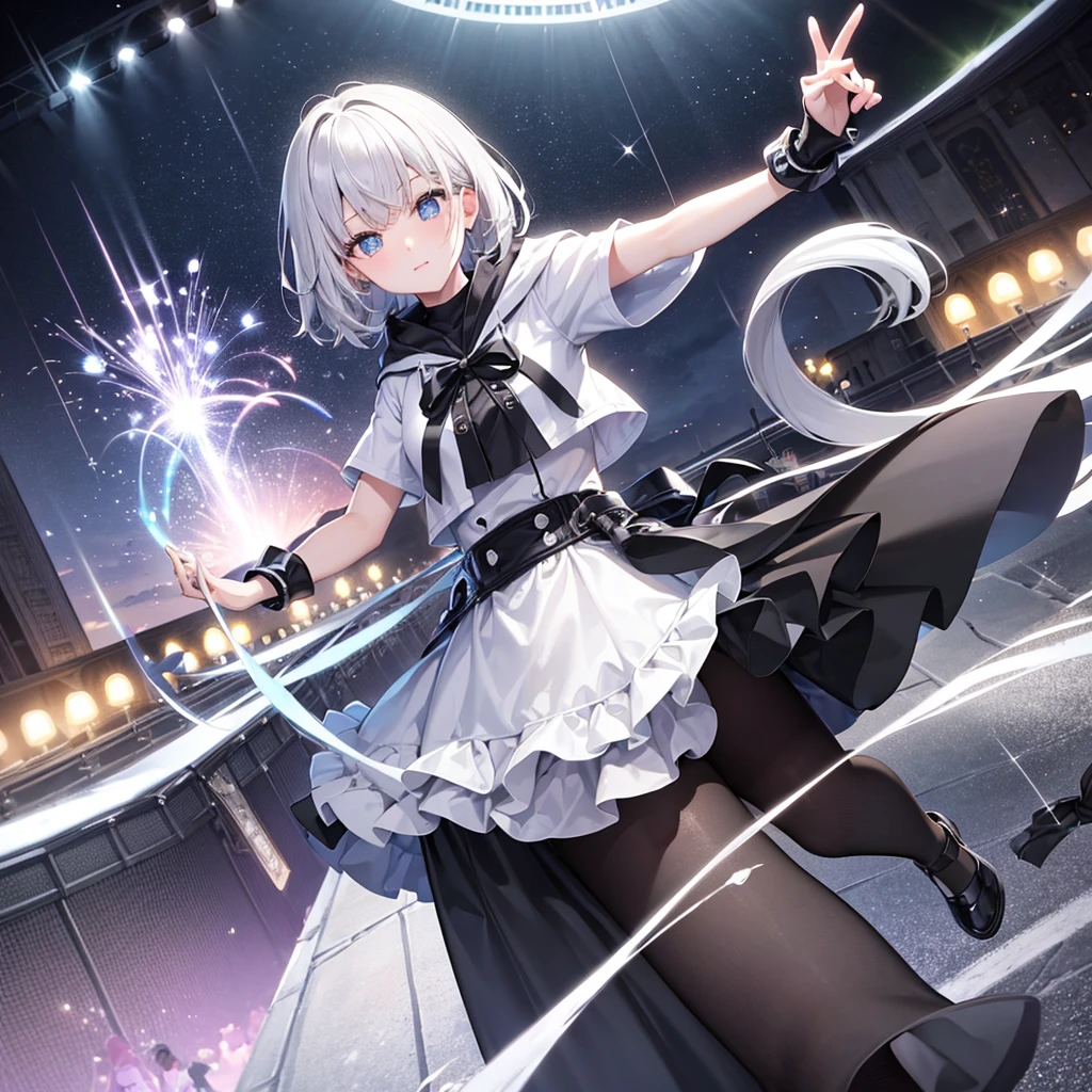 super high quality,look at the audience, put your hands behind your back, with a girl, 20-year-old, とてもshort hair, long bangs between the eyes, pale blue eyes, hoodie, skirt , very detailed,(masterpiece、highest quality)、alone、gray hair、laughter、White skin as clear as snow、fantasy, silver hair, black eye, beautiful eyes,, ecstasy, attractive, be smitten with audience, hoodie, 白いhoodie,黒いskirt,short hair,blue sky , sunlight,fantasyな風景,looking down from above