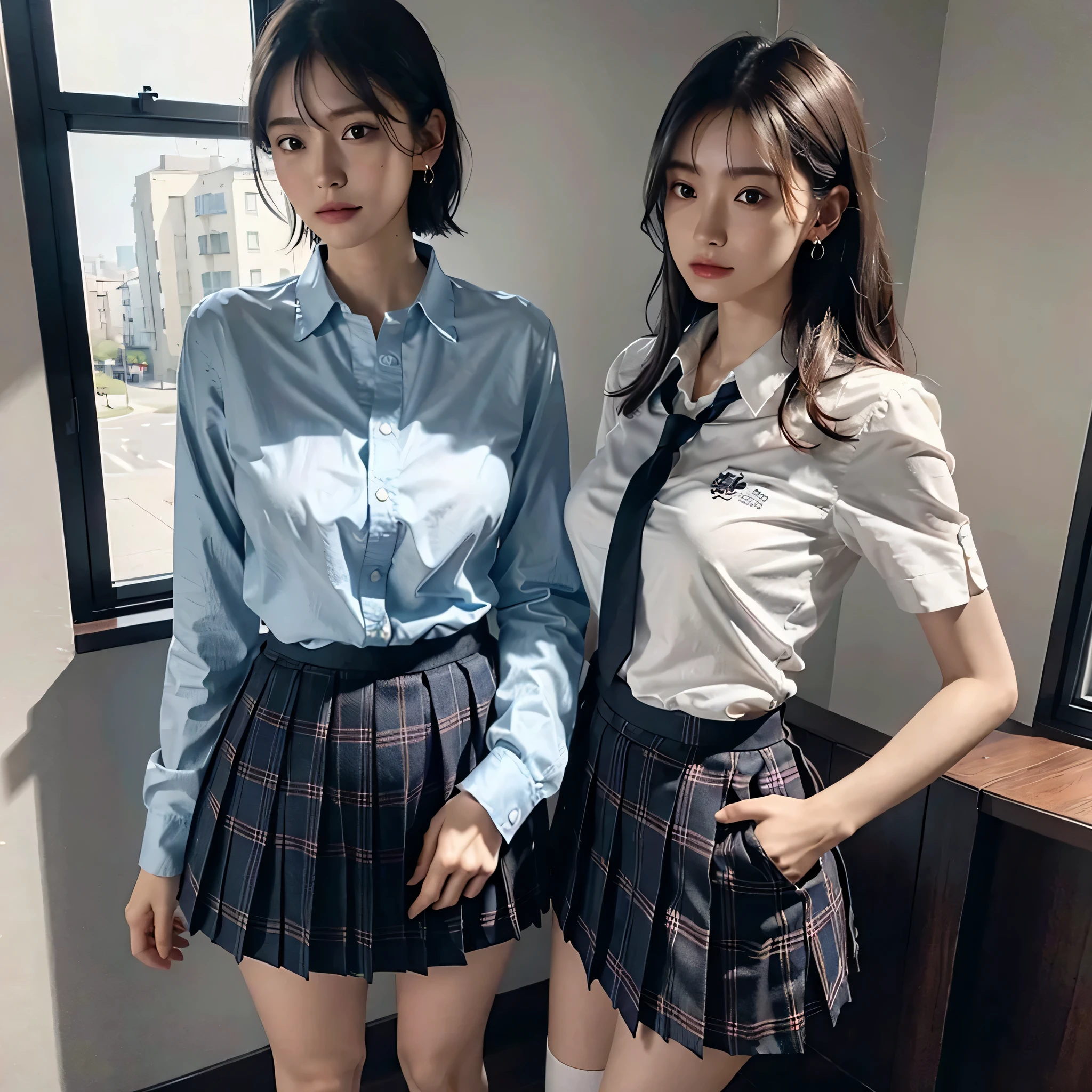 Highest quality, 8K quality, Masterpiece, (Two women with super big breasts are standing side by side facing this way.), (Super big breastsの余りの大きさのせいでブラウスが大きく膨らんでパツパツになっている:1.2), Whitening skin, Sparkling Blue Eyes, Deep crimson sailor collar uniform, Pleated skirt, Above the knee, (Super big breastsを手で握り潰している), A posture where the waist is bent forward to emphasize super big breasts, White panties, Breast Grab, Eyes closed and mouth open, (Super big breasts)