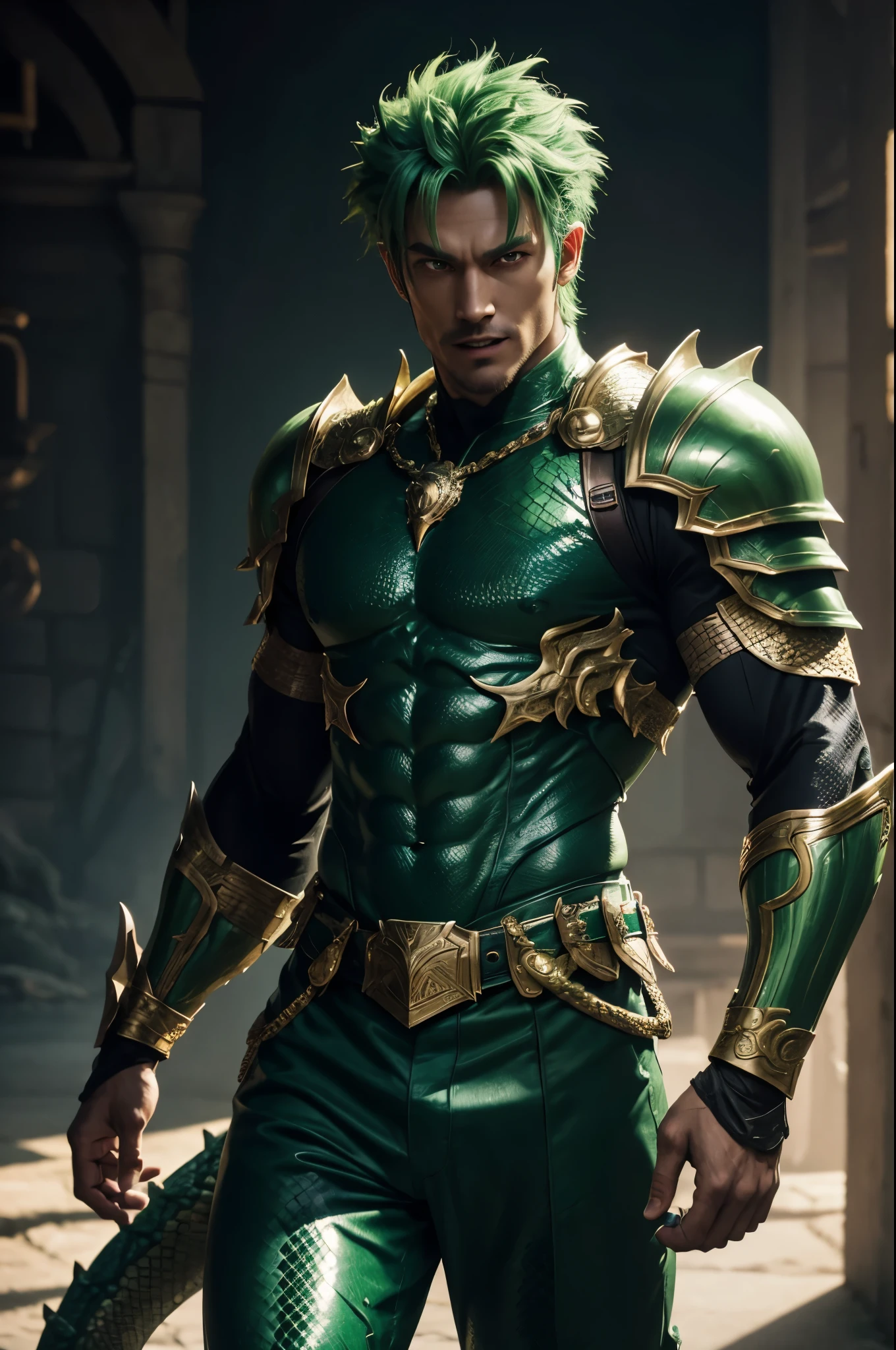 8K,A dragon man with a dragon body,super handsome,muscular scaly skin,super realistic skin,Snake-like eyes,green punk hair,gorgeous green armor,gorgeous green shoulder armor,gorgeous green pants,gorgeous green gauntlet,have a trident,gorgeous green waist armor,gorgeous green leg armor,Dragon wings are growing,dragon horn,ultra high resolution,Large fangs grow from the mouth,rich colors, Backlight, cinematic lighting, film grain,RAW, 50mm lens,nikon　D850,