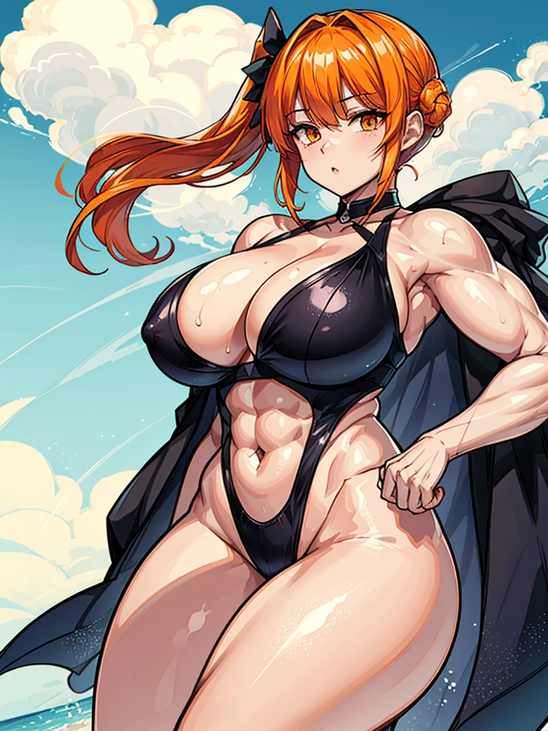 (((masterpiece、Highest image quality、highest quality、highly detailed unity 8kwallpaper)))、((Illustration of one girl))、(((beautiful girl)))、((orange hair、side ponytail、sidelocks:1.2、orange eyes))、((((body full of scars)))、((stocky build, thickset physique:1.3, muscular legs, broad shoulders, solid chest)))、swimsuit、sandy beach