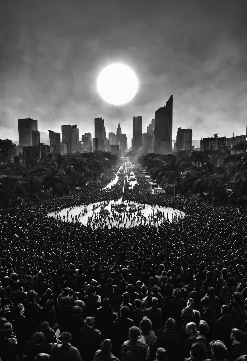 depiction of a empty City where a lot of people are protesting with a black sun behind them. black and white