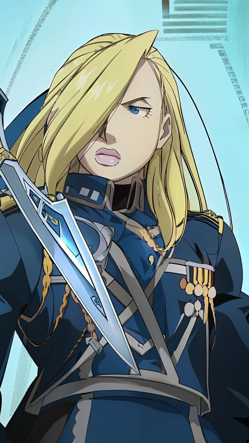 a close up of a woman in a blue outfit holding a sword, inspired by Li Chevalier, artoria pendragon, jaina proudmoore, highly detailed exquisite fanart, anime style like faay night, fanart, digital anime illustration, official fanart, neoartcore and charlie bowater, detailed fanart, valentina remenar, high quality fanart，Olivier Mira Armstrong，金色长头发，钢之炼金术师，女少将，军服，军刀，女硬汉，军大衣，女军人，金色长发女军人，女军人，金发女魔头，大姐姐