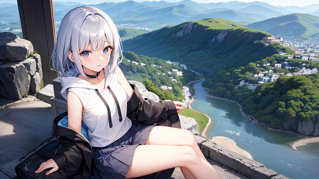 super high quality, girl, 20-year-old, とてもshort hair, long bangs between the eyes, pale blue eyes, hoodie, skirt , very detailed,(masterpiece、highest quality)、alone、gray hair、laughter、White skin as clear as snow、fantasy, silver hair, black eye, beautiful eyes,, ecstasy, Charm, be smitten with audience, hoodie, 白いhoodie,黒いskirt,short hair,blue sky , sunlight,fantasyな風景,looking down from above