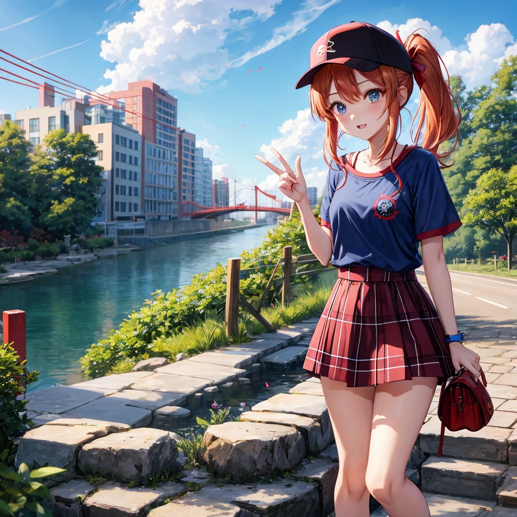 Red-blonde、blue hair、blue eyeraid、ponytail、one good looking girl、solo、anime、Plaid miniskirt、black t-shirt、camisole、forest、walking、Wearing a plaid baseball cap、Tilting your face、Doing the ribbon、sunset sky、stone bridge、stone stairs、petal、A small bird flying、big tree、tunnel、squirt,