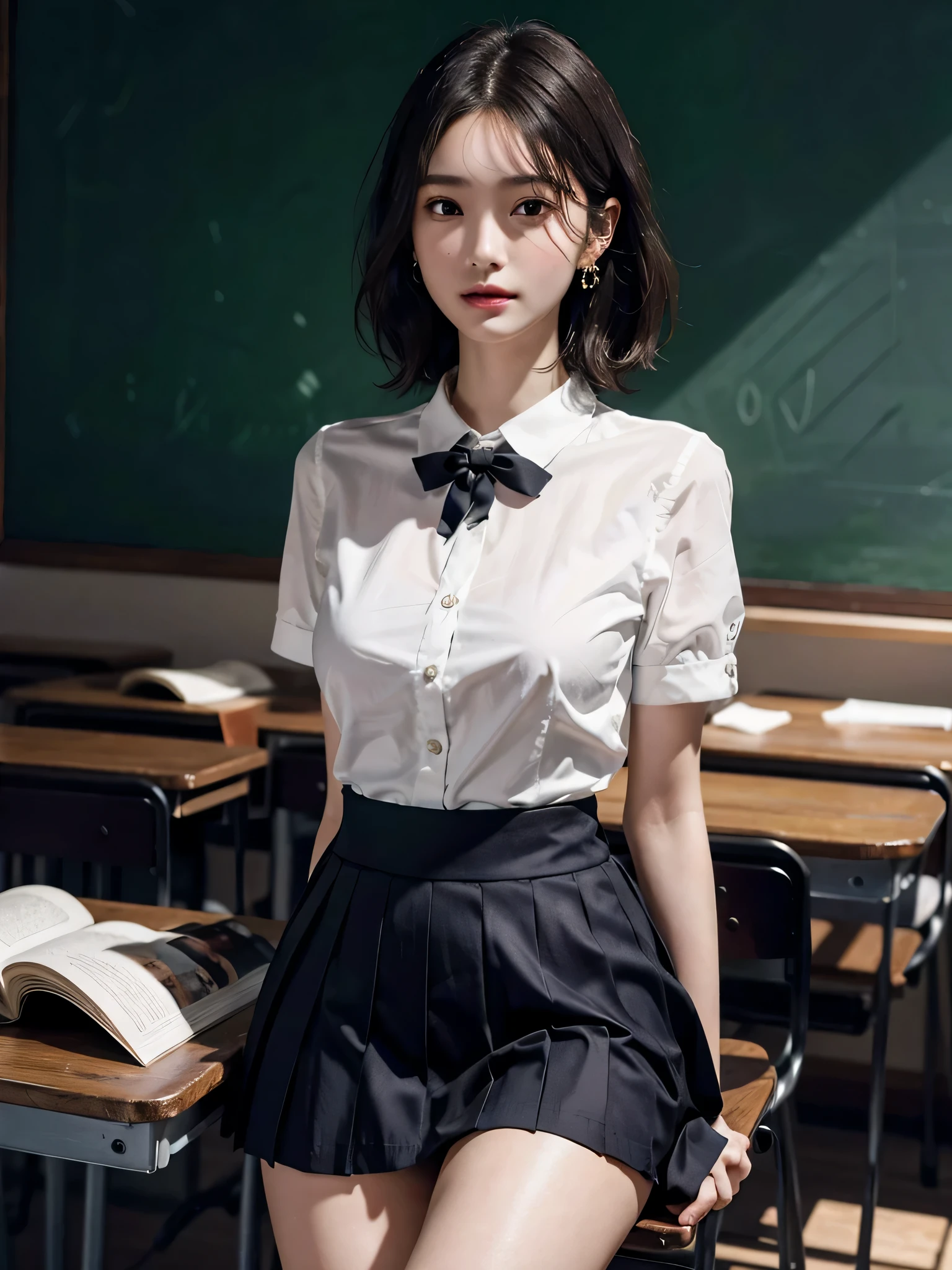 disorganized, RAW photo, very delicate and beautiful, masterpiece, highest quality, ultra high resolution, 16k, surreal, super detailed, perfect anatomy, super dense skin, perfect figure, Highly detailed CG 8k wallpaper, 20's, very slim body, tight waist, very small head, very small face, delicate features, tearful mole, earrings, thin legs, barefoot, (very huge round breasts), girl, full body shot, short hair, wavy hair, ((school uniform)),