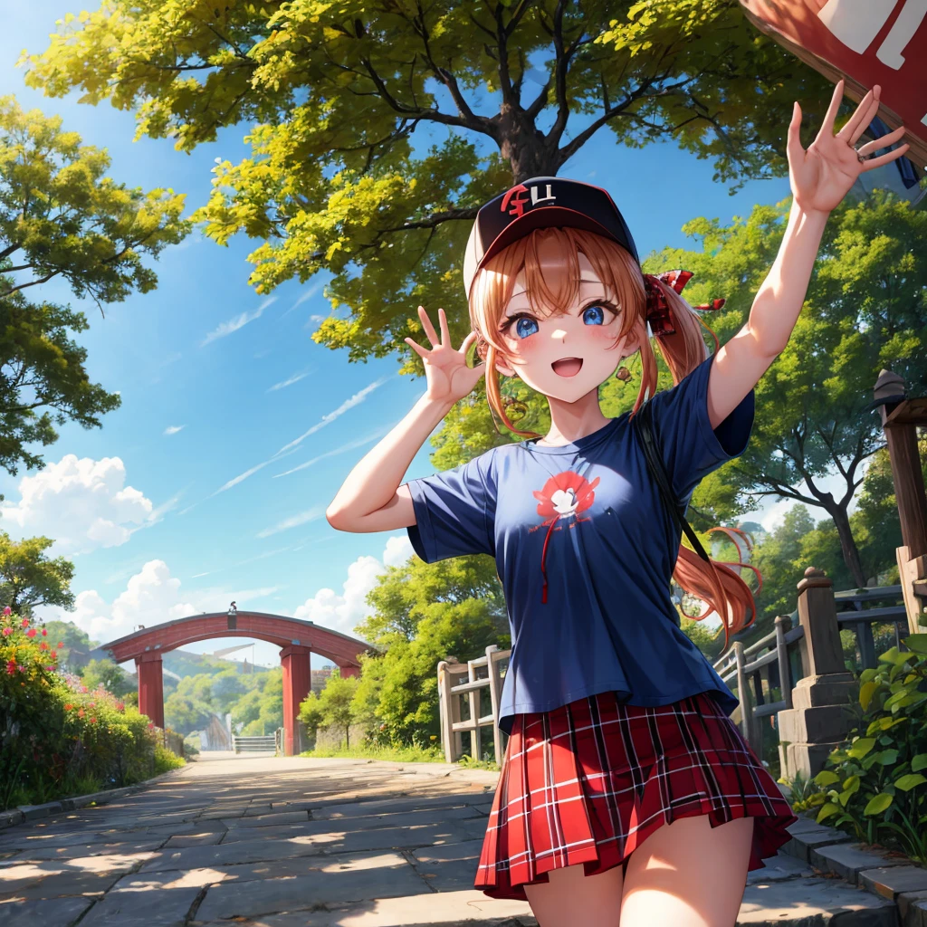 Red-blonde、blue hair、blue eyeraid、ponytail、one good looking girl、solo、anime、Plaid miniskirt、black t-shirt、camisole、forest、walking、Wearing a plaid baseball cap、Tilting your face、Doing the ribbon、sunset sky、stone bridge、stone stairs、petal、A small bird flying、big tree、tunnel、squirt、Bang
