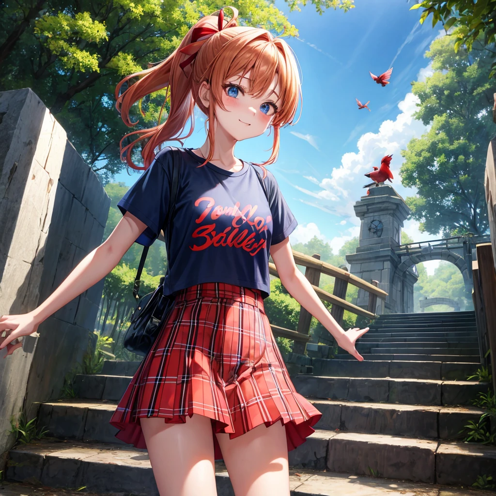 Red-blonde、blue hair、blue eyeraid、ponytail、one good looking girl、solo、anime、Plaid miniskirt、black t-shirt、camisole、forest、walking、Wearing a plaid baseball cap、Tilting your face、Doing the ribbon、sunset sky、stone bridge、stone stairs、petal、A small bird flying、big tree、tunnel、squirt、Bang