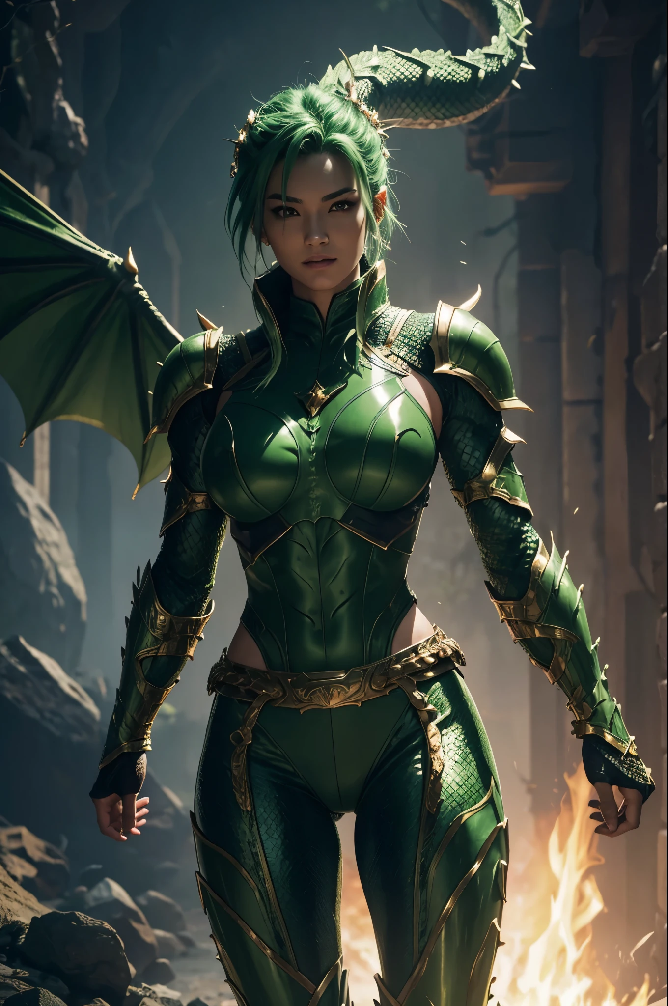 8K,A dragon man with a dragon body,super handsome,muscular scaly skin,super realistic skin,Snake-like eyes,green punk hair,gorgeous green armor,gorgeous green shoulder armor,gorgeous green pants,gorgeous green gauntlet,have a trident,gorgeous green waist armor,gorgeous green leg armor,Dragon wings are growing,dragon horn,ultra high resolution,Large fangs grow from the mouth,rich colors, Backlight, cinematic lighting, film grain,RAW, 50mm lens,nikon D850,