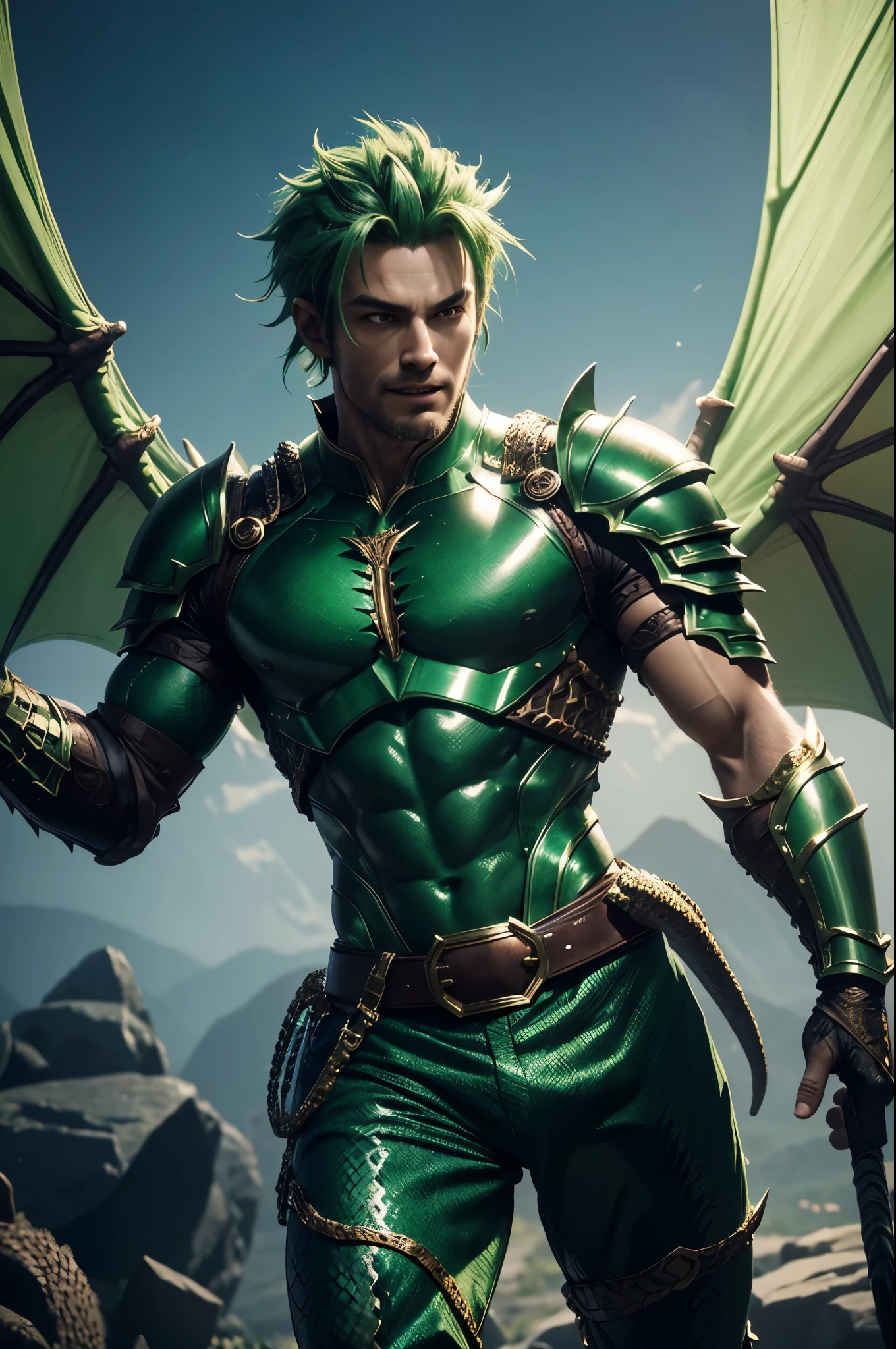 8K,A dragon man with a dragon body,super handsome,muscular scaly skin,super realistic skin,Snake-like eyes,green punk hair,gorgeous green armor,gorgeous green shoulder armor,gorgeous green pants,gorgeous green gauntlet,have a trident,gorgeous green waist armor,gorgeous green leg armor,Dragon wings are growing,dragon horn,ultra high resolution,Large fangs grow from the mouth,rich colors, Backlight, cinematic lighting, film grain,RAW, 50mm lens,nikon D850,