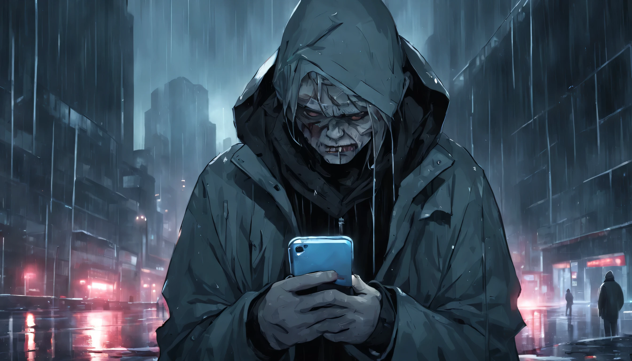 a super miserable person looking down to his phone looks like a zombie in the rain in a very dark abandoned futuristic city, rainy night
