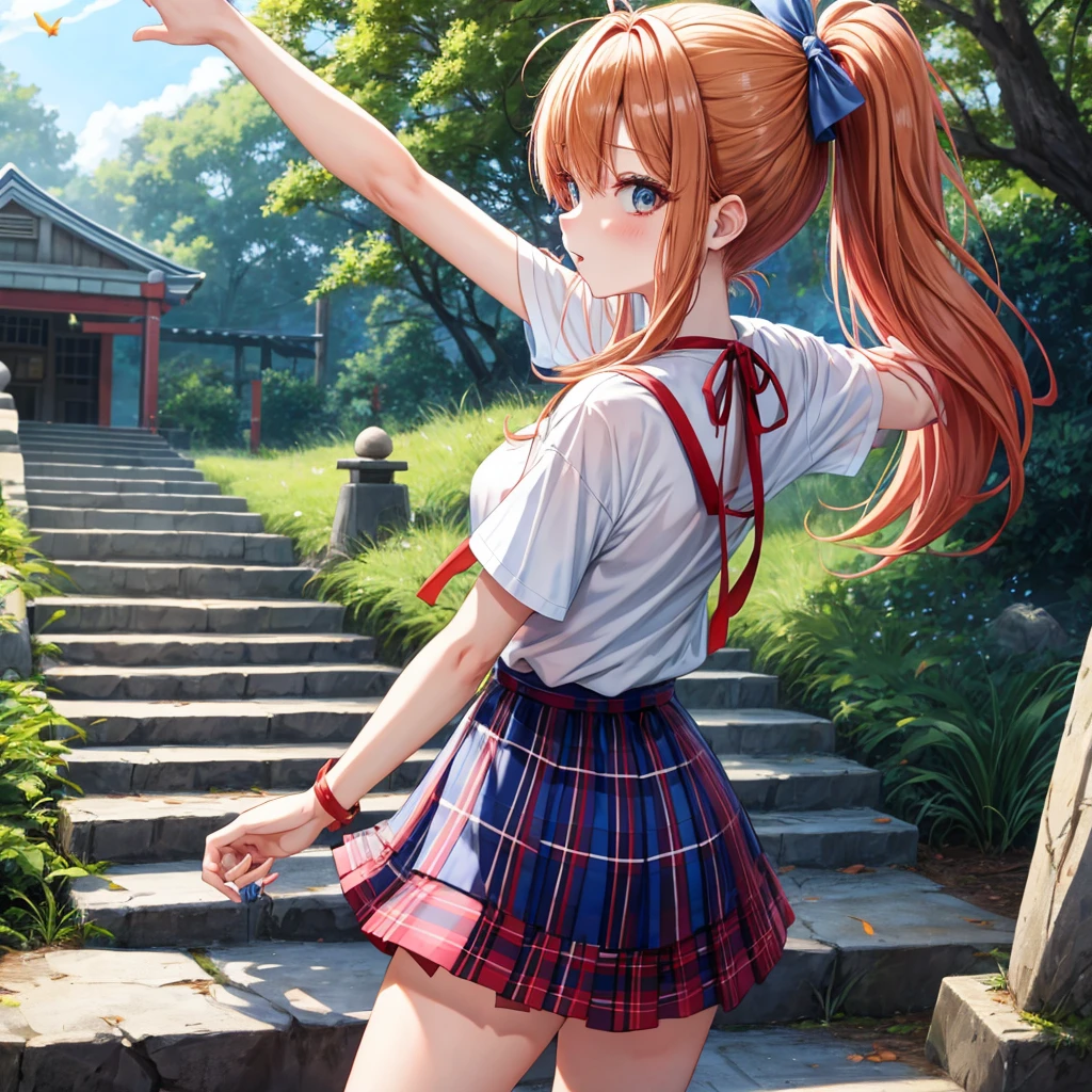 Red-blonde、blue hair、blue eyeraid、ponytail、one good looking girl、solo、anime、Plaid miniskirt、black t-shirt、camisole、forest、walking、Wearing a plaid baseball cap、Tilting your face、Doing the ribbon、sunset sky、stone bridge、stone stairs、petal、A small bird flying、big tree、tunnel、squirt、Bang、stretching one's back