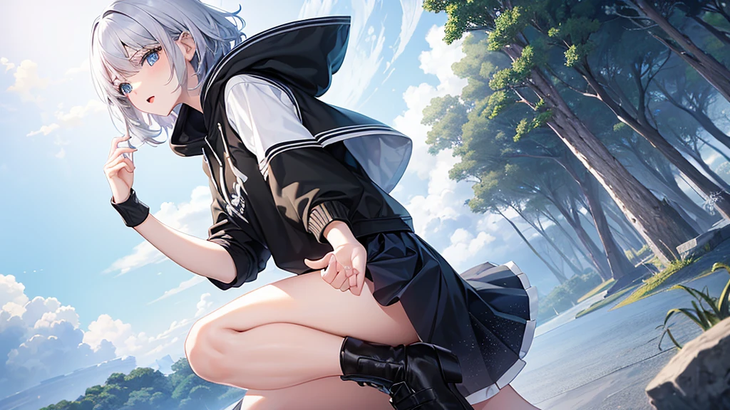 super high quality, girl, 20-year-old, とてもshort hair, long bangs between the eyes, pale blue eyes, hoodie, skirt , very detailed,(masterpiece、highest quality)、alone、gray hair、laughter、White skin as clear as snow、fantasy, silver hair, black eye, beautiful eyes, hoodie, 白いhoodie,黒いskirt,short hair,blue sky , sunlight,fantasyな風景,Looking Down from Below