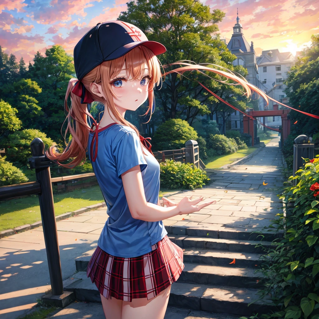 Red-blonde、blue hair、blue eyeraid、ponytail、one good looking girl、solo、anime、Plaid miniskirt、black t-shirt、camisole、forest、walking、Wearing a plaid baseball cap、Tilting your face、Doing the ribbon、sunset sky、stone bridge、stone stairs、petal、A small bird flying、big tree、tunnel、squirt、Bang、stretching one's back