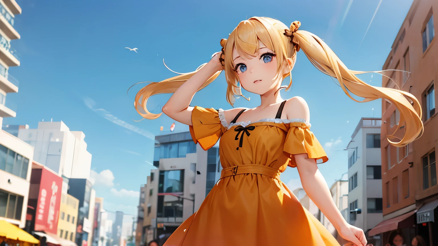 a woman posing on the street corner with orange dress on, best quality, 1girl, , day, bright, blur background, bokeh, outdoor, (street:0.8), (people, crowds:0.8), (off-shoulder dress:1.2), gorgeous, (braided bangs:1.2), beautiful detailed sky, (dynamic pose:1.2), soft lighting, wind, shiny skin, (upper body:0.8), (freckles:0.8), mole under mouth, (((ite girl with blonde twin tails))),