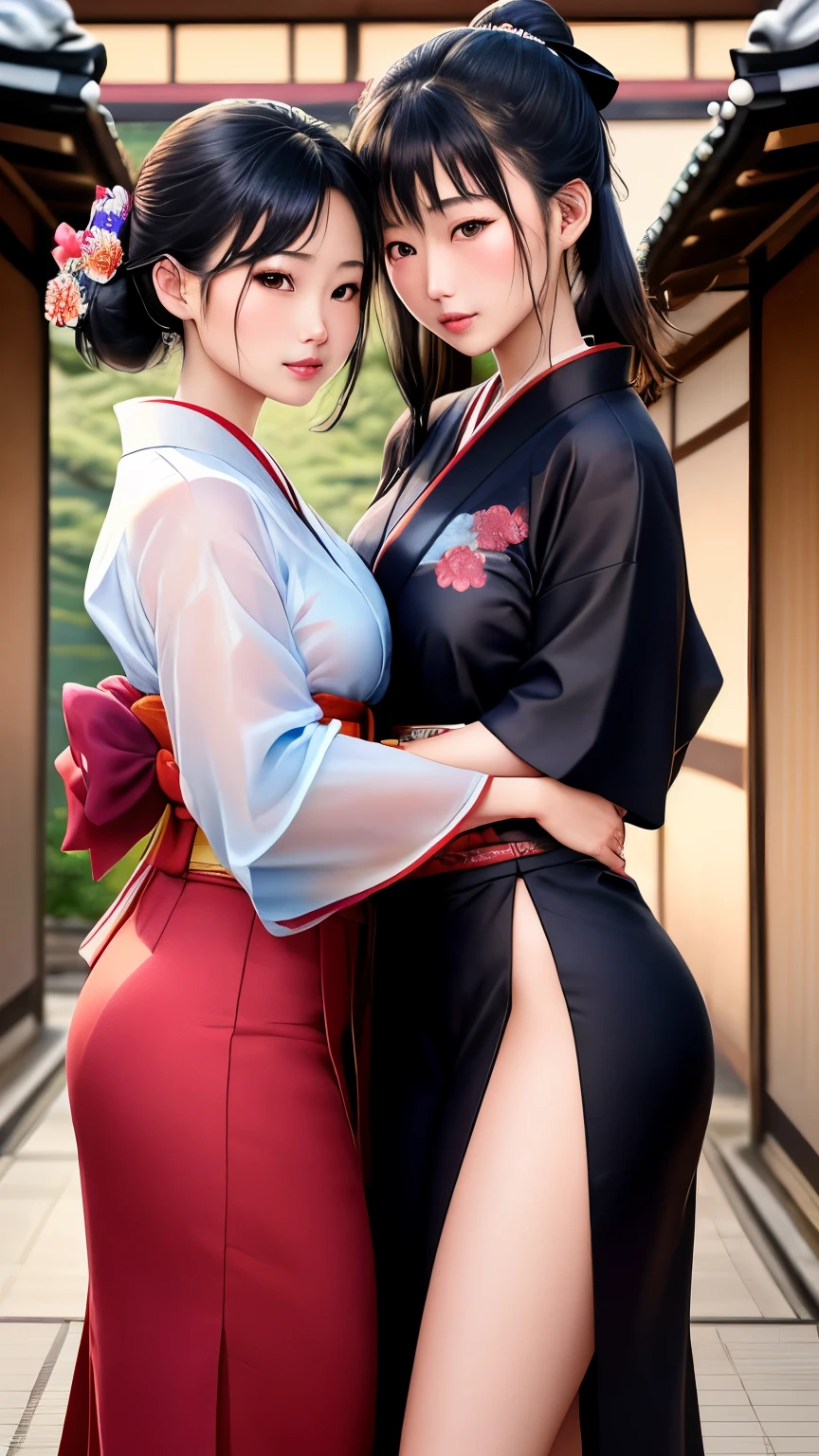 NSFW、最high quality、high quality、best image quality、8K、最High resolution、High resolution、最high quality、masterpiece、extreme close up portrait、RAW photo、group photo、realistic atmosphere、(detailed face)、(fine hands、thumb１reference４)、(beauty of japan )、very nice face、cute face、((beautiful japanese girl))、(日本people々々woman), ((multiple girls))、((girls hugging each other２people々々))、((18 year old beautiful girl))、(glossy black hair)、(straight long hair)、(ponytail)、whole body、slim style、(shiny skin)、(Fair skin, Glossy skin)、本物のpeople々々the skin between、リアルなpeople々々body structure、perfect body， perfect face， perfect hands， perfect fingers， perfect lips， perfect eyes，perfect teeth、perfect background， perfect atmosphere， natural soft light、photon mapping、samurai kimono、maiko kimono、servant、geisha kimono、japanese kimono、Kimono up to the waist、short kimono、japanese traditional、((floral kimono(thin、sexy、transparent、erotic))、In front of a samurai residence in Japan、((random colored floral pattern(samurai kimono、Hakama with slit))、Hakama with slitに手を入れる女の子、Hakama with slitを捲る女の子、