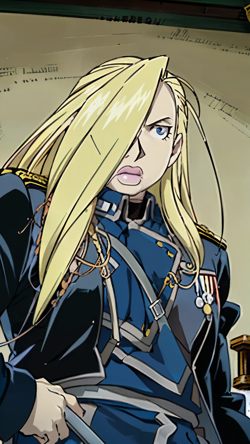 anime, a woman with long blonde hair holding a sword, inspired by Li Chevalier, claymore, holding a sword on her shoulder, elric of melnibone, with large sword, by Jason Teraoka, by Eizan Kikukawa, faay night, fate stay night, fullmetal alchemist, color illustration, alucard，Olivier Mira Armstrong，金色长头发，钢之炼金术师，女少将，军服，军刀，女硬汉，军大衣，女军人，金色长发女军人，女军人，金发女魔头，大姐姐