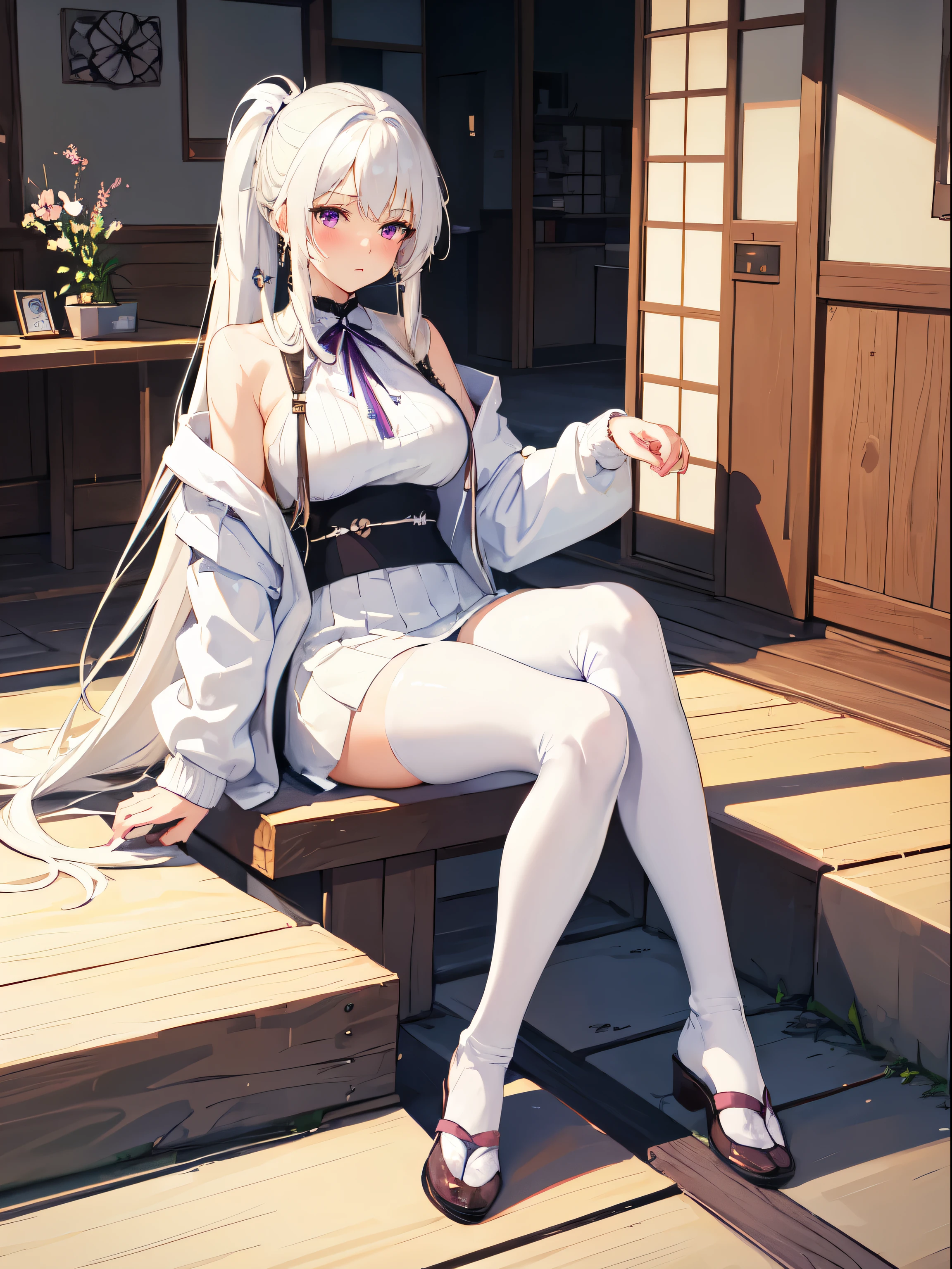 ((4k、8k、top-quality、Perfect Finger:1.Elfect Anatomy:1.3、Blur the background))、(Robot Girl:1.3)、cute petit girl、((kimono maid leotard、、a beautiful slender girl、a baby face、Straighir:1.1))、(Beautiful big drooping eyes)、closed eyes smile、Full Body Display、(Soio)、knee high socks,Japanese-style coffee shop