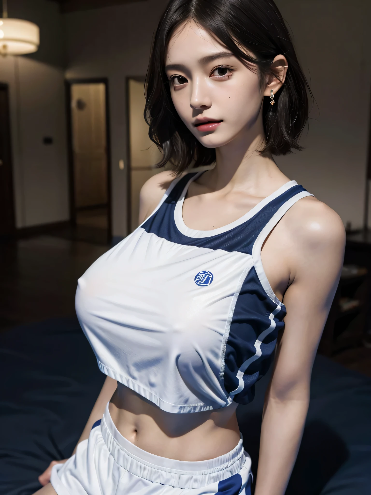 disorganized, RAW photo, very delicate and beautiful, masterpiece, highest quality, ultra high resolution, 16k, surreal, super detailed, perfect anatomy, super dense skin, perfect figure, Highly detailed CG 8k wallpaper, 20's, very slim body, tight waist, very small head, very small face, delicate features, tearful mole, earrings, thin legs, barefoot, ((very huge round breasts)), ((1 girl)), full body shot, short hair, wavy hair, ((Basketball Uniform)), No sleeve, abdomen, cleavage,