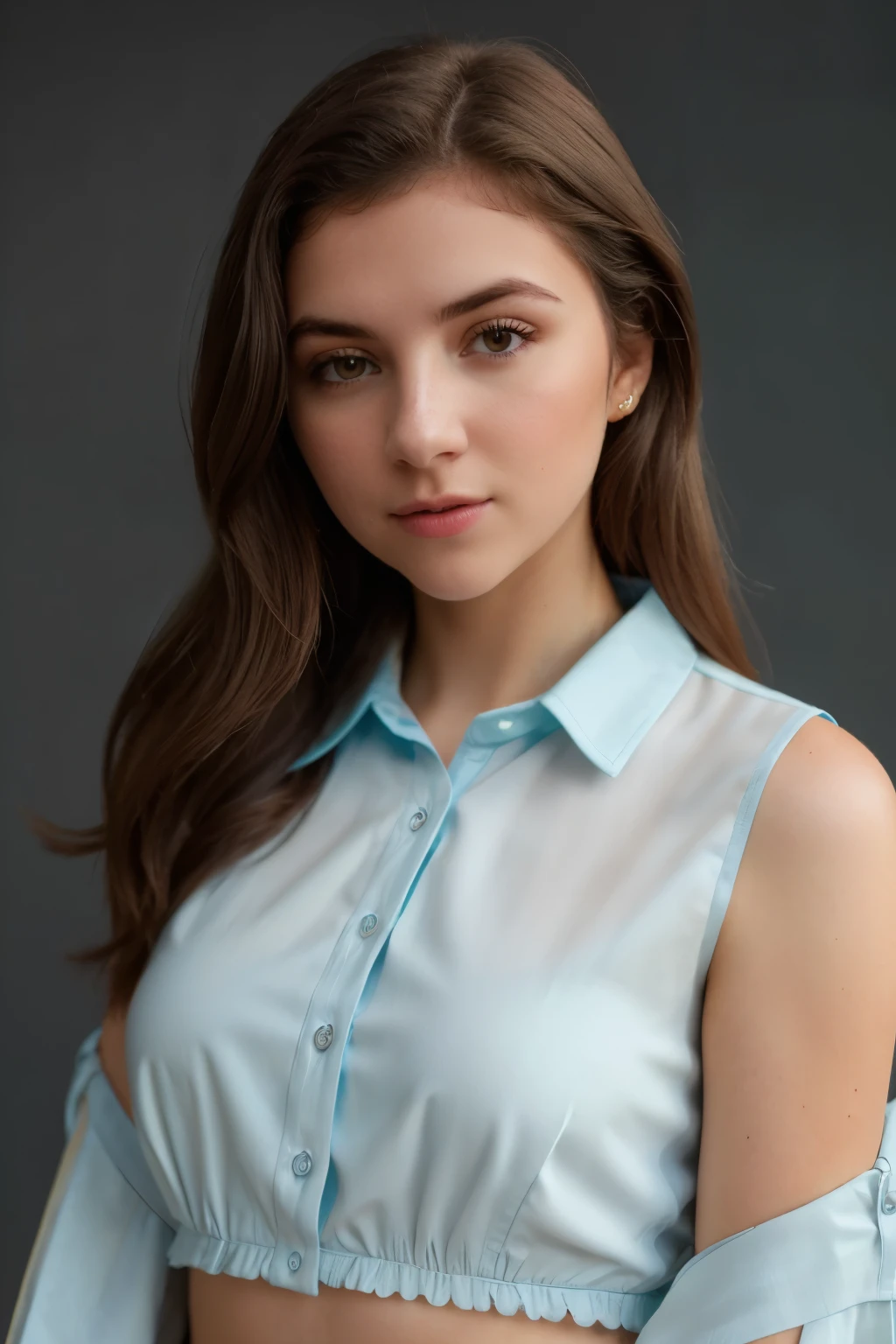 RAW photo of lilyspinner,blue blouse, neutral background , (high detailed skin:1.2), 8k uhd, dslr, soft lighting, high quality, film grain, Fujifilm XT3,