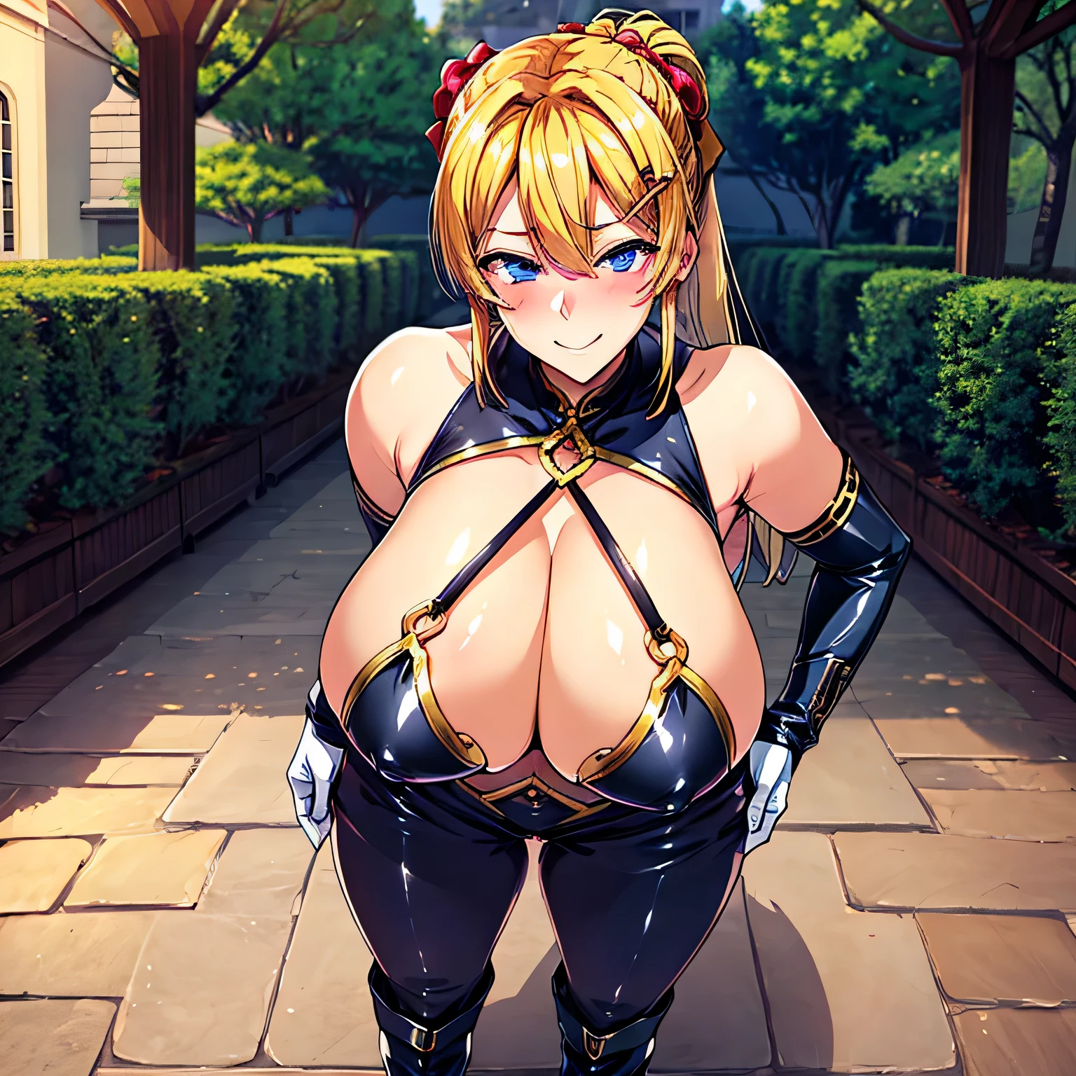 masutepiece,Ultra-detailed, 8K, hight resolution, best quality, hight resolution, 1girl in, blonde hair, hair ornaments, exterior, blue eyes, poneyTail, hair ornaments, gloves, shoulder exterior, braid, black gloves, pauldrons, white boots, huge-breasted, Trees, wide  hips, Alone, Sexy, shy, slight blush, Expressive eyes, Beautiful, Happy, obscenity, slender