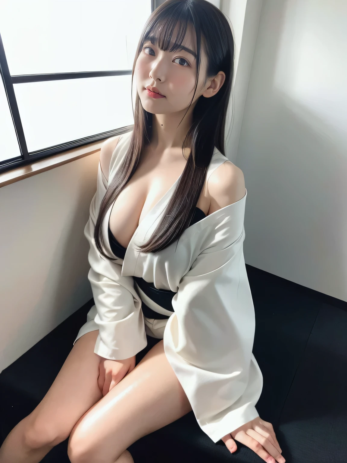 8k quality, best picture, live action, realistic human feel, big tits, realistic skin texture, natural skin, Japanese woman with long shaggy straight black hair with bangs, messy hair, sitting, wearing drop shoulder kimono made of shiny ultra thin rubber material, knees visible, (20cm above knees), shiny skin, Ray Tracing, cinematic lighting, back lighting