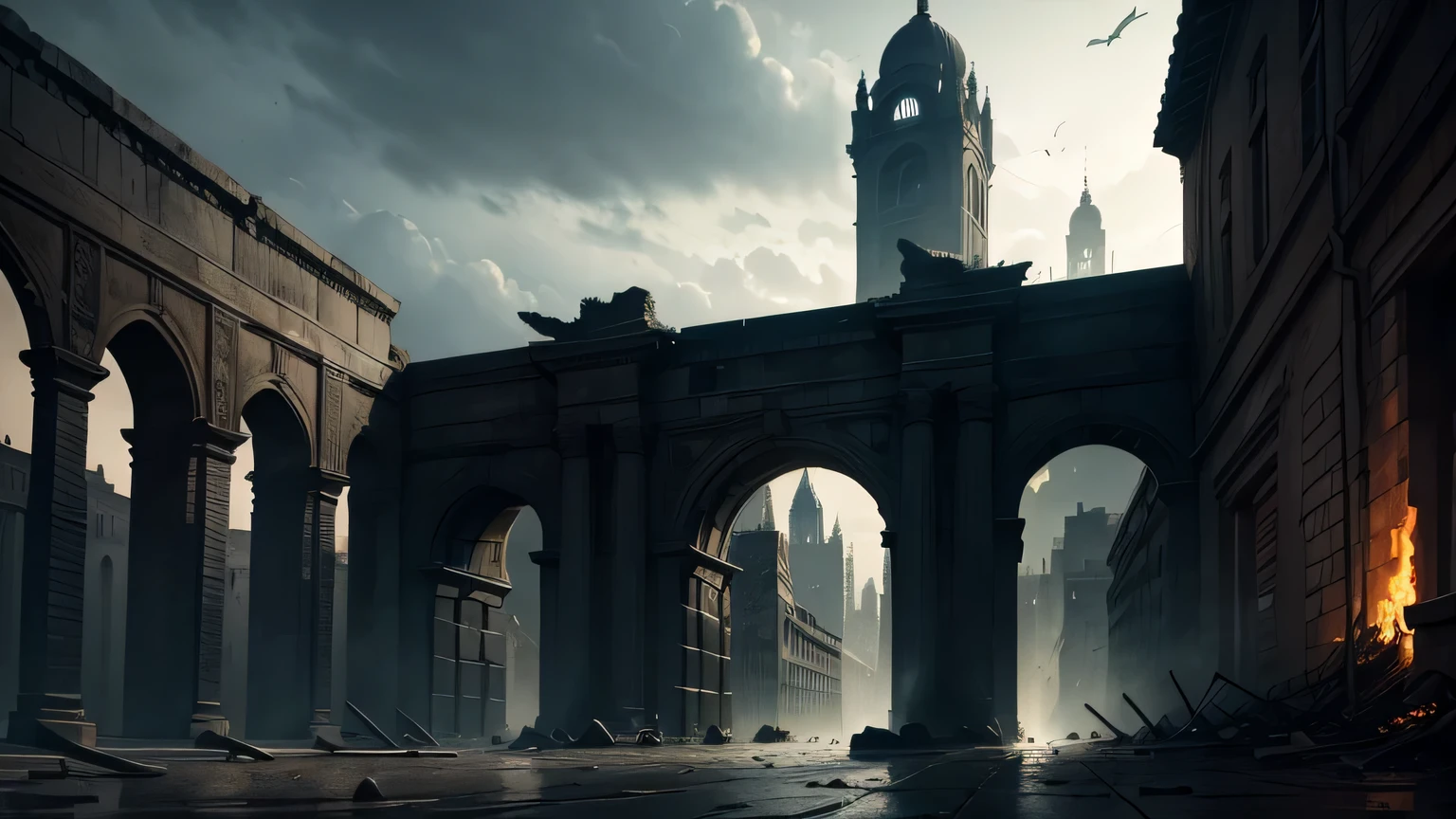 city gates wide open and empty,departing enemy,successful execution of the psychological tactic,illustration,ultra-detailed,realistic:1.37,highres,HDR,stark contrast,dramatic lighting,vivid colors,empty streets,ominous atmosphere,majestic architecture,defeated soldiers,long shadows,lit torches,deserted city walls,uneasy silence,ancient ruins,narrow passageways,crumbling stone,city skyline,retreating army,striking composition,imposing gates,menacing presence,hauntingly beautiful,foreboding,abandoned buildings,mysterious atmosphere,ominous clouds,masterpiece:1.2