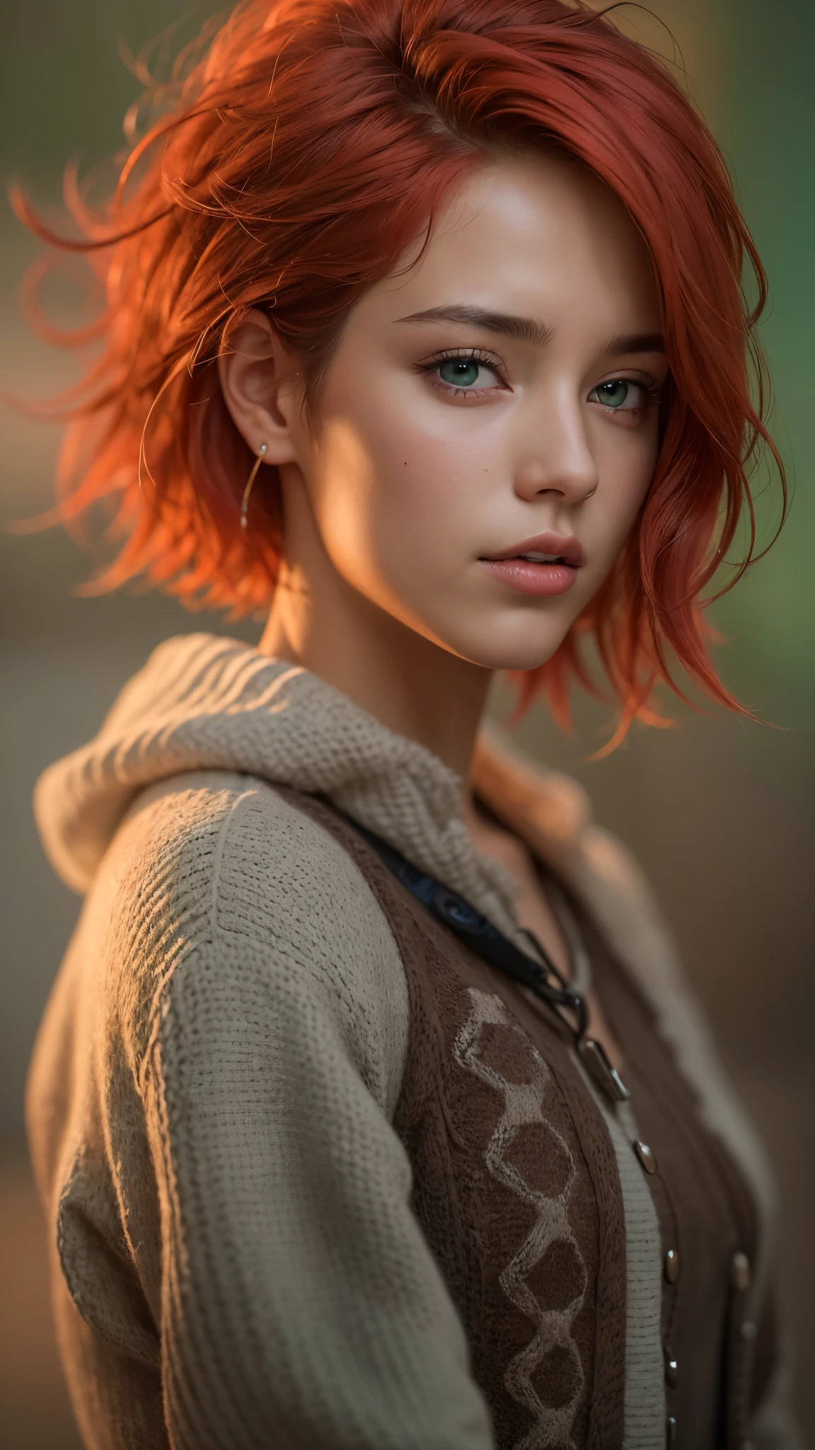 (masterpiece:1.3), cowboy shot, (8k, photorealistic, RAW photo, best quality: 1.4), (1 russian girl), beautiful face, (realistic face), (red hair, short hair:1.3), beautiful hairstyle, realistic green eyes, beautiful detailed eyes, (realistic skin), beautiful skin, (stripped sweater), attractive, ultra high res, ultra realistic, highly detailed, golden ratio, dark, rim lighting