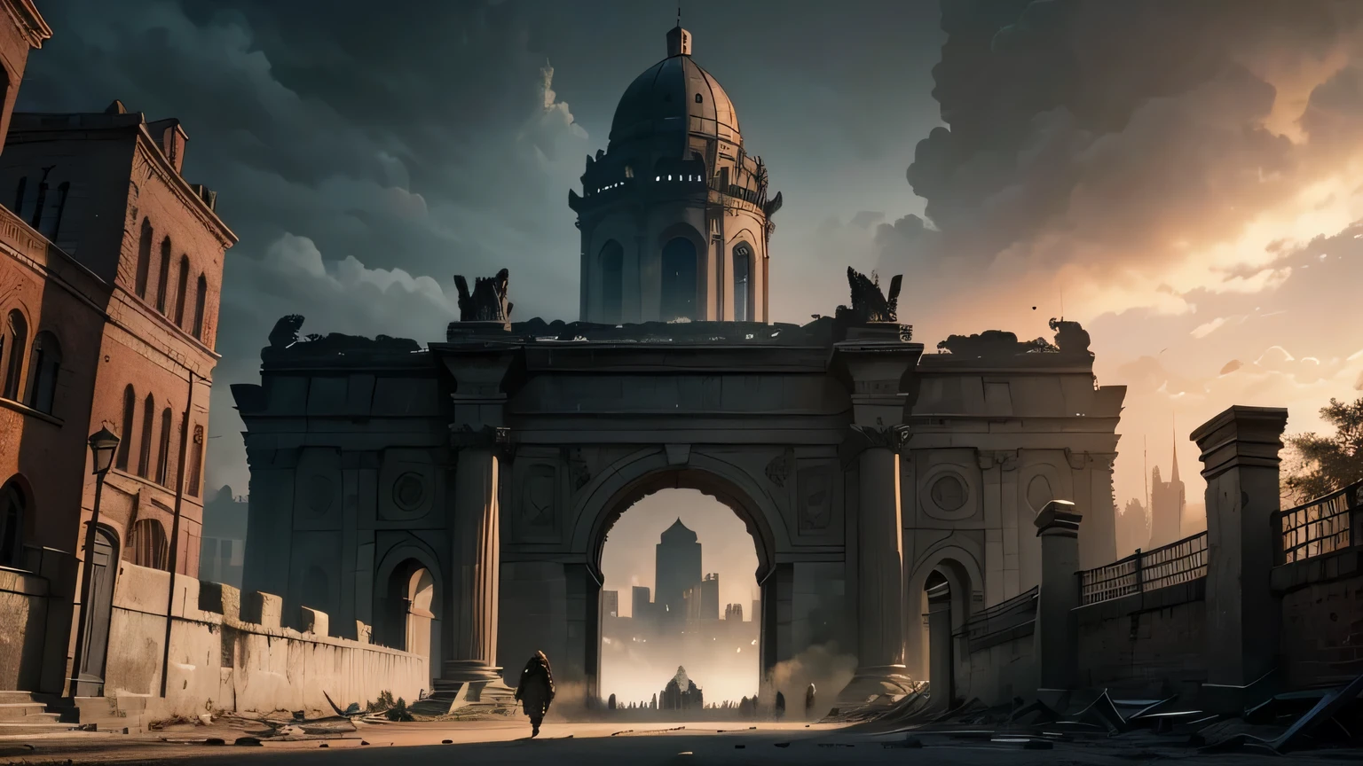 city gates wide open and empty,departing enemy,successful execution of the psychological tactic,illustration,ultra-detailed,realistic:1.37,highres,HDR,stark contrast,dramatic lighting,vivid colors,empty streets,ominous atmosphere,majestic architecture,defeated soldiers,long shadows,lit torches,deserted city walls,uneasy silence,ancient ruins,narrow passageways,crumbling stone,city skyline,retreating army,striking composition,imposing gates,menacing presence,hauntingly beautiful,foreboding,abandoned buildings,mysterious atmosphere,ominous clouds,masterpiece:1.2