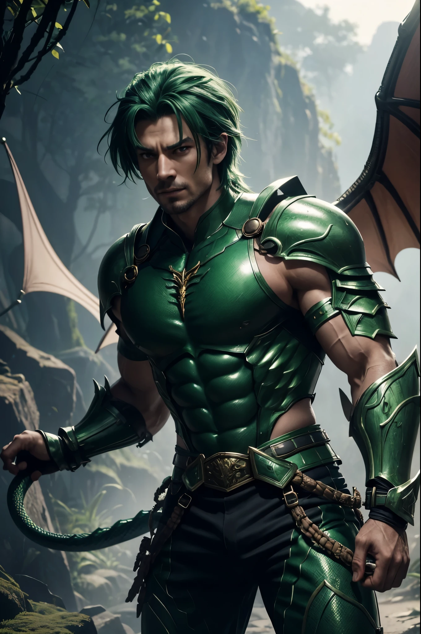 8K,A dragon man with a dragon body,super handsome,muscular scaly skin,super realistic skin,Snake-like eyes,green punk hair,gorgeous green armor,gorgeous green shoulder armor,gorgeous green pants,gorgeous green gauntlet,have a trident,gorgeous green waist armor,gorgeous green leg armor,Dragon wings are growing,dragon horn,ultra high resolution,Large fangs grow from the mouth,rich colors, Backlight, cinematic lighting, film grain,RAW, 50mm lens,nikon D850,battle scene,action scene,action pose,