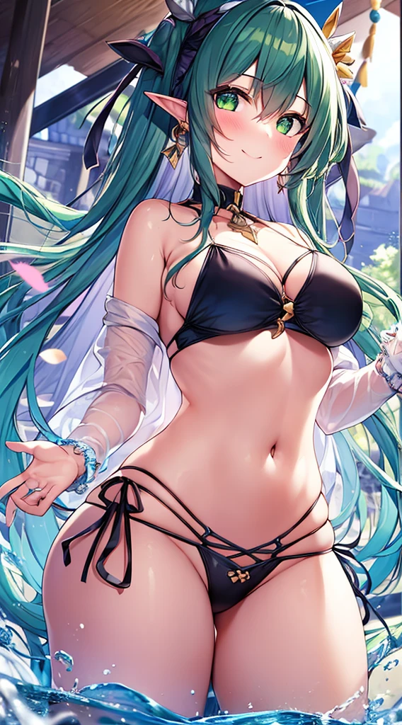 1 girl、(reach out)、(view audience)、(front face)、(elf)、(long dirty green hair)、(green eyes)、(thighs)、(huge breasts)、(small blue cloth bikini)、(lake)、smile、blush