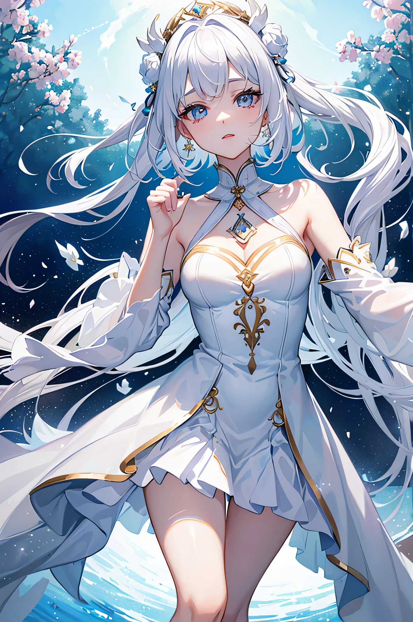 (Extremely detailed CG unified 8k wallpaper,masterpiece,Best Illustration,best quality,Extremely refined and beautiful,float,high resolution,dynamic angle,dynamic poses,(De Gea from Genshin Impact),night sky,Star,flashing lights,Soft and peaceful atmosphere):(De Gea:1.3)+(Genshin Impact:1.1)+(night sky:1.1),Milky white hair,furry clotheao Pipa,blue and white color,beautiful appearance,这是一个Lovely女孩,white beautiful appearance,Lovely,a age girl,white hair,in blue eyes,White clothes in the sea,have fun,Wearing a wreath on the head,running action,Beautiful and charming loliracter,Her appearance very eye-catching。Has long silky sky blue hair,And a pair of bright big eyes,Her face very delicate,Give people a sense of calmness、elegant feeling。in addition,Wearing a white dress,The design of this dress very vivid,comprehensive,Appearance very attractive,crystal clear brilliance,White hair and fair skin,the only person,,fox ace shadow,facial highlight,golden eyes,gradient eyes,white eyelashes,(colorful),(Exquisite makeup),(thick lips),lipstick,glowing eyes,(Highlight eye shadow),(smooth,straight hair),Exquisite facial sculpture lighting effects,grade,18K,masterpiece,Extremely high details,Colorful,(hair bow),(A beam of light hit her face),(Hair glows),Unparalleled beauty,Hair detailed,small nose,Exquisite light and shadow,straight nose bridge,Very good skin quality,Exquisite eye description,clear eyeessy hair),golden ratio facial features,k hd,glowing light,8K resolution,超high resolution,higher quality,flowers,White glowing particle effect,lift up skirt,Body,exposed,big deal,swimsuit,((full-body shot))