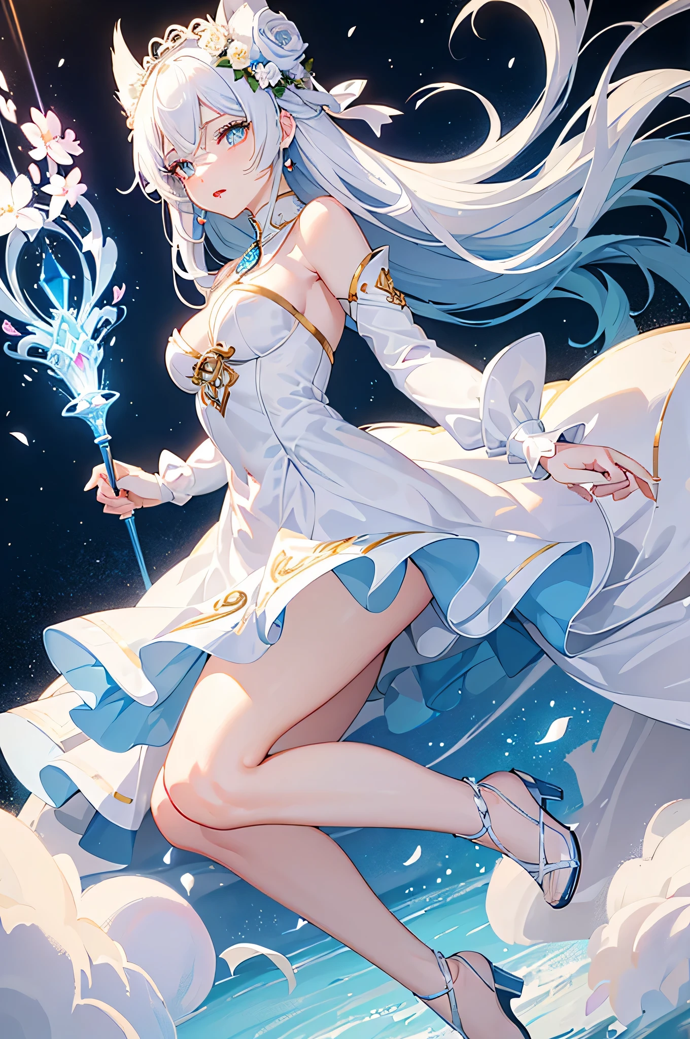 (Extremely detailed CG unified 8k wallpaper,masterpiece,Best Illustration,best quality,Extremely refined and beautiful,float,high resolution,dynamic angle,dynamic poses,(De Gea from Genshin Impact),night sky,Star,flashing lights,Soft and peaceful atmosphere):(De Gea:1.3)+(Genshin Impact:1.1)+(night sky:1.1),Milky white hair,furry clotheao Pipa,blue and white color,beautiful appearance,这是一个Lovely女孩,white beautiful appearance,Lovely,a teenage girl,white hair,in blue eyes,White clothes in the sea,have fun,Wearing a wreath on the head,running action,Beautiful and charming loli character,Her appearance very eye-catching。Has long silky sky blue hair,And a pair of bright big eyes,Her face very delicate,Give people a sense of calmness、elegant feeling。in addition,Wearing a white dress,The design of this dress very vivid,comprehensive,Appearance very attractive,crystal clear brilliance,White hair and fair skin,the only person,,fox ace shadow,facial highlight,golden eyes,gradient eyes,white eyelashes,(colorful),(Exquisite makeup),(thick lips),lipstick,glowing eyes,(Highlight eye shadow),(smooth,straight hair),Exquisite facial sculpture lighting effects,grade,18K,masterpiece,Extremely high details,Colorful,(hair bow),(A beam of light hit her face),(Hair glows),Unparalleled beauty,Hair detailed,small nose,Exquisite light and shadow,straight nose bridge,Very good skin quality,Exquisite eye description,clear eyeessy hair),golden ratio facial features,k hd,glowing light,8K resolution,超high resolution,higher quality,flowers,White glowing particle effect,lift up skirt,Body,exposed,big deal,swimsuit,((full-body shot))