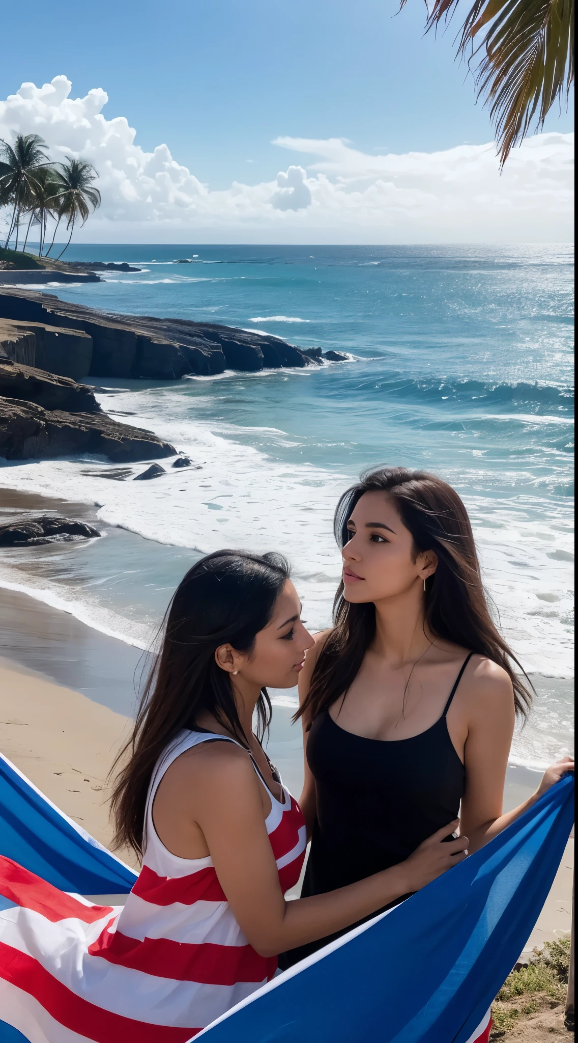 Dos mujeres, cabello negro, cabello largo, de espaldas, cuerpos perfectos, mirando al mar, envueltas con bandera de El Salvador,