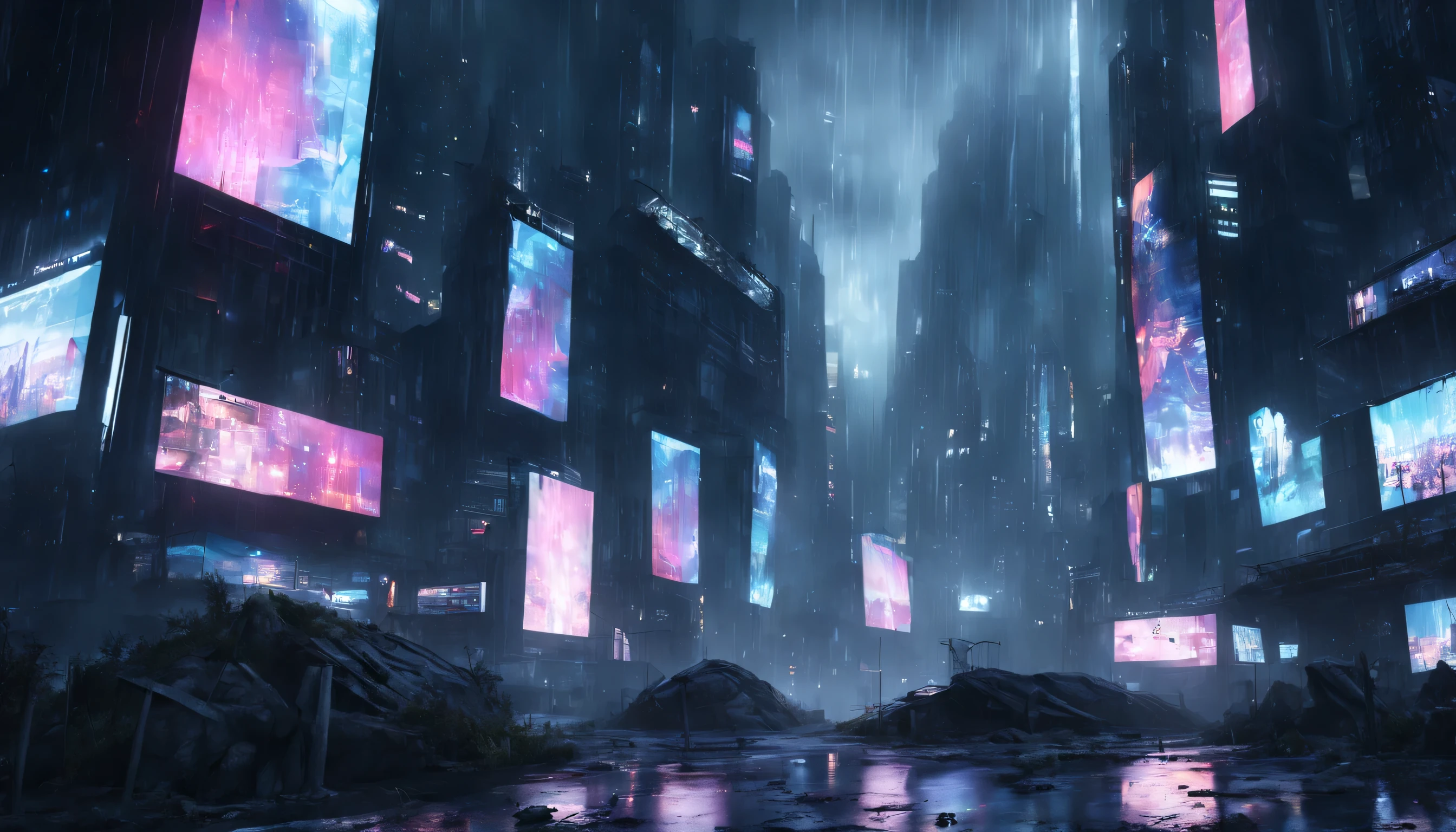 holographic billboards in very dark abandoned futuristic city, rainy night