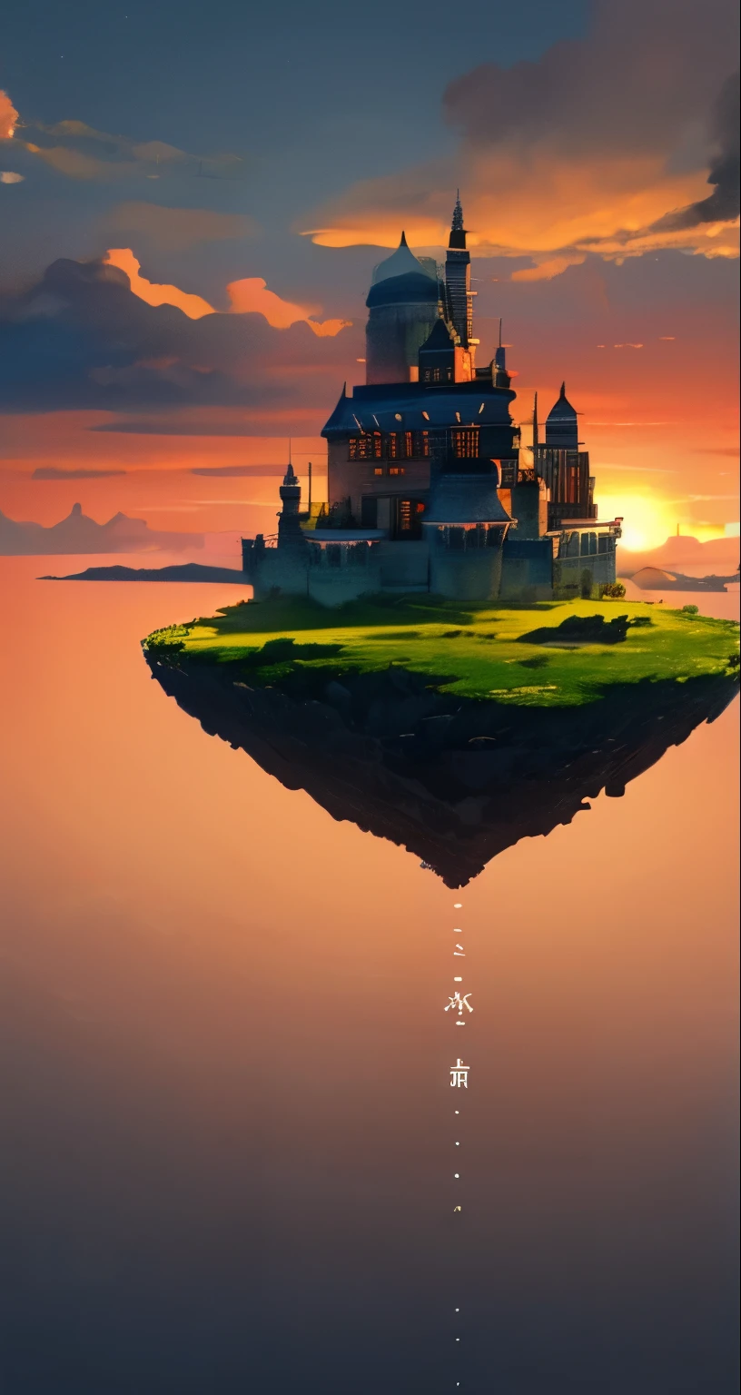 highest quality。masterpiece。beautiful。detailed details。((Floating islands in the sky with European forts))。The background is a cumulonimbus cloud that shines red in the light of the setting sun.。