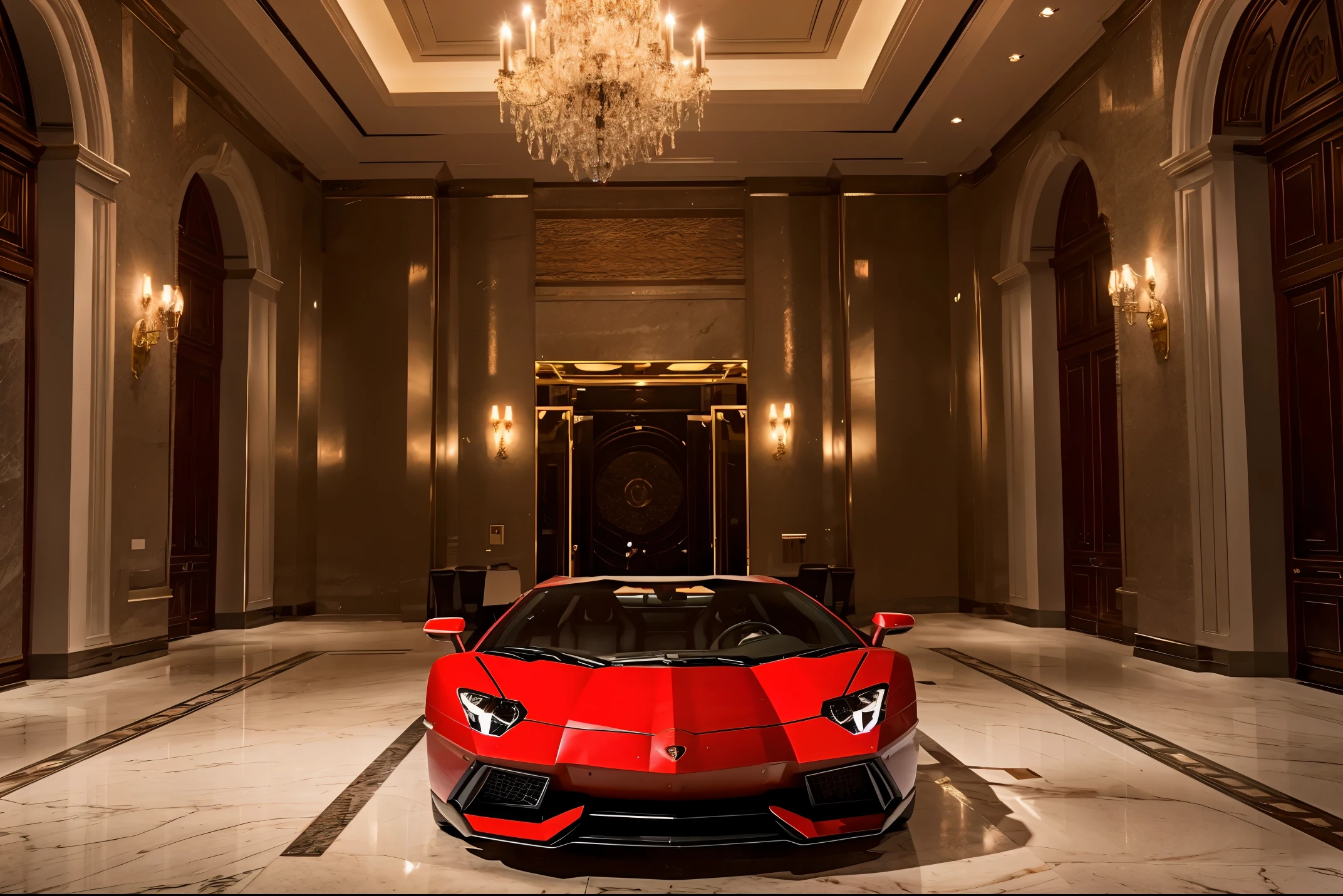 red lamborghini aventador　　Detailed and high quality　Realistic three-dimensional feel　beautiful background　Parked in front of the marble entrance of a luxury condominium.　beautiful lighting　beautiful street　stylish apartment